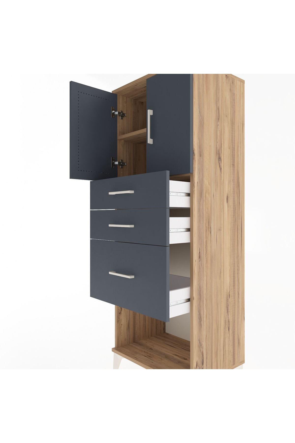 Hyperion Dolap 2 Raflı 3 Çekmeceli 2 Kapaklı 60x44x163 Çam-Antrasit