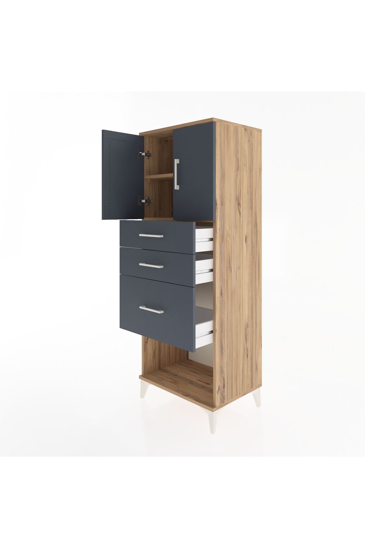 Hyperion Dolap 2 Raflı 3 Çekmeceli 2 Kapaklı 60x44x163 Çam-Antrasit