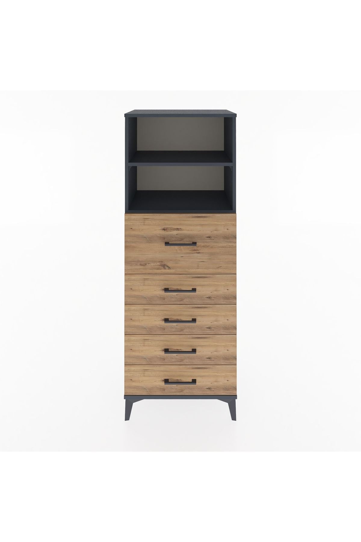 Hyperion Dolap 2 Raflı 5 Çekmeceli 60x44x163 Antrasit-Çam