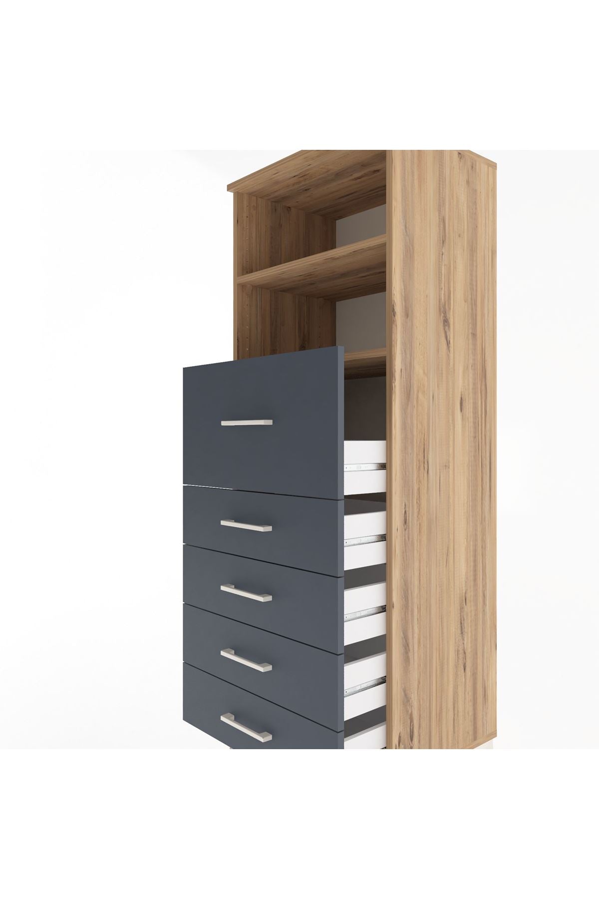 Hyperion Dolap 2 Raflı 5 Çekmeceli 60x44x163 Çam-Antrasit