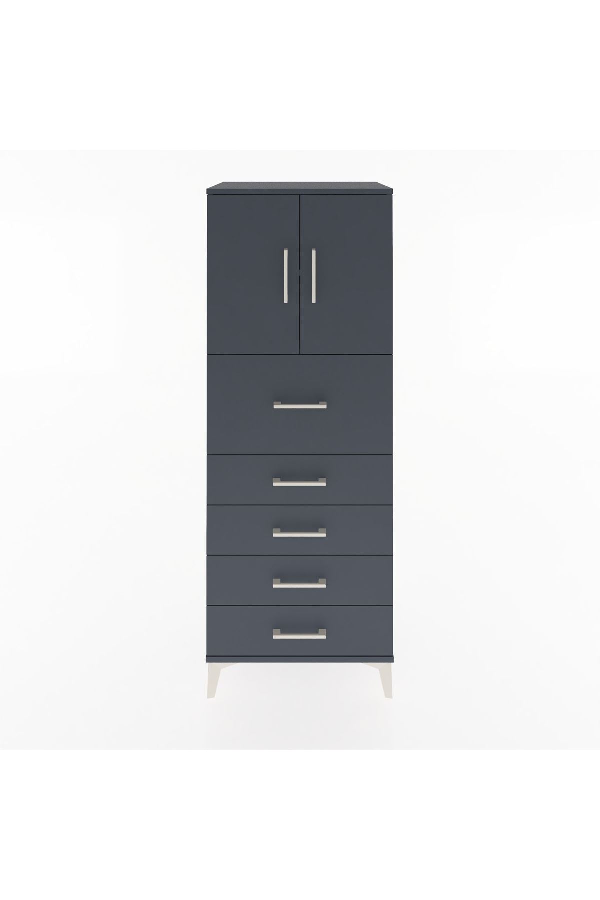 Hyperion Dolap 2 Raflı 5 Çekmeceli 2 Kapaklı 60x44x163 Antrasit-Antrasit
