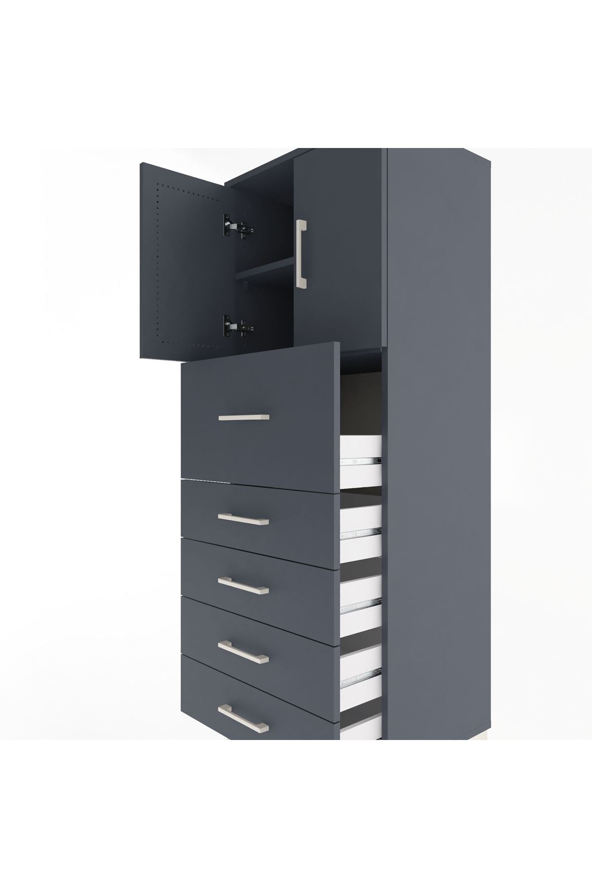 Hyperion Dolap 2 Raflı 5 Çekmeceli 2 Kapaklı 60x44x163 Antrasit-Antrasit