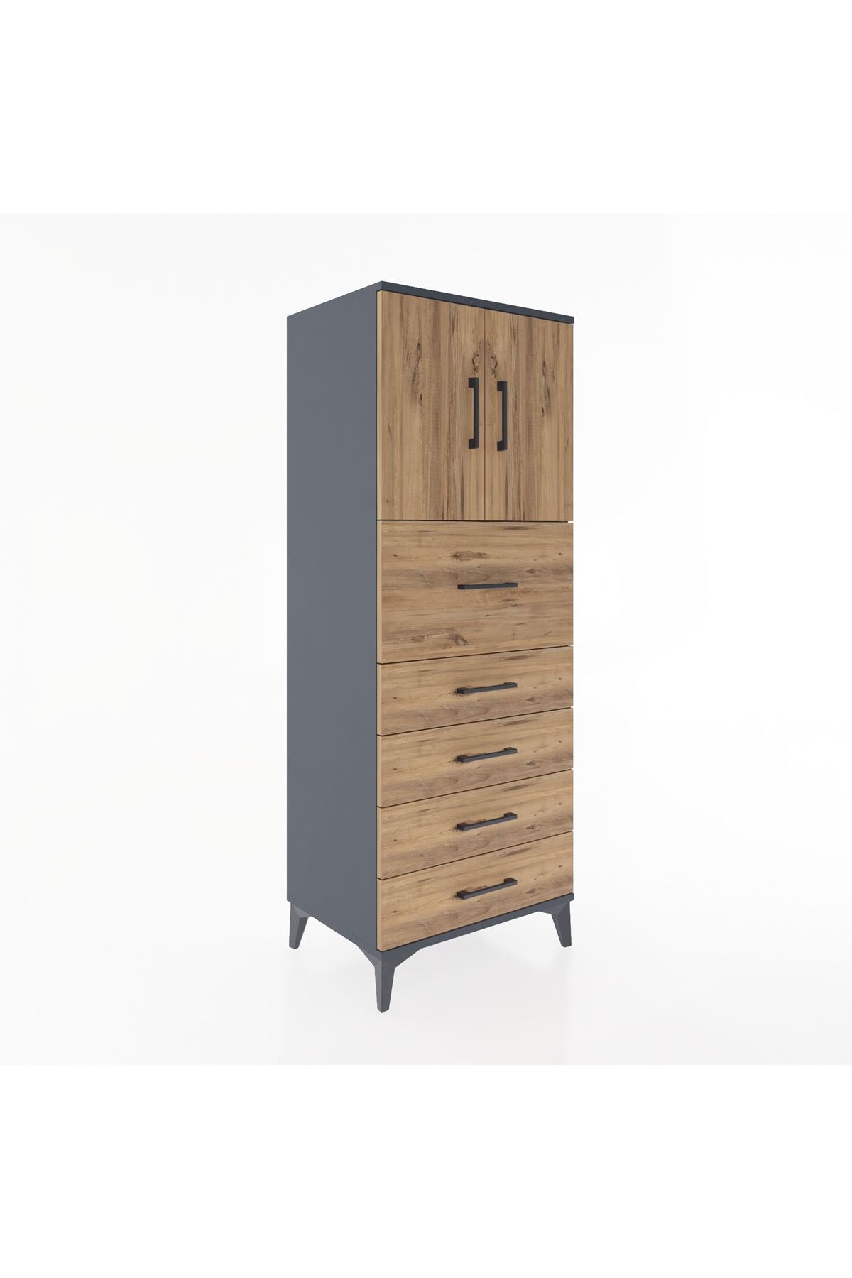 Hyperion Dolap 2 Raflı 5 Çekmeceli 2 Kapaklı 60x44x163 Antrasit-Çam