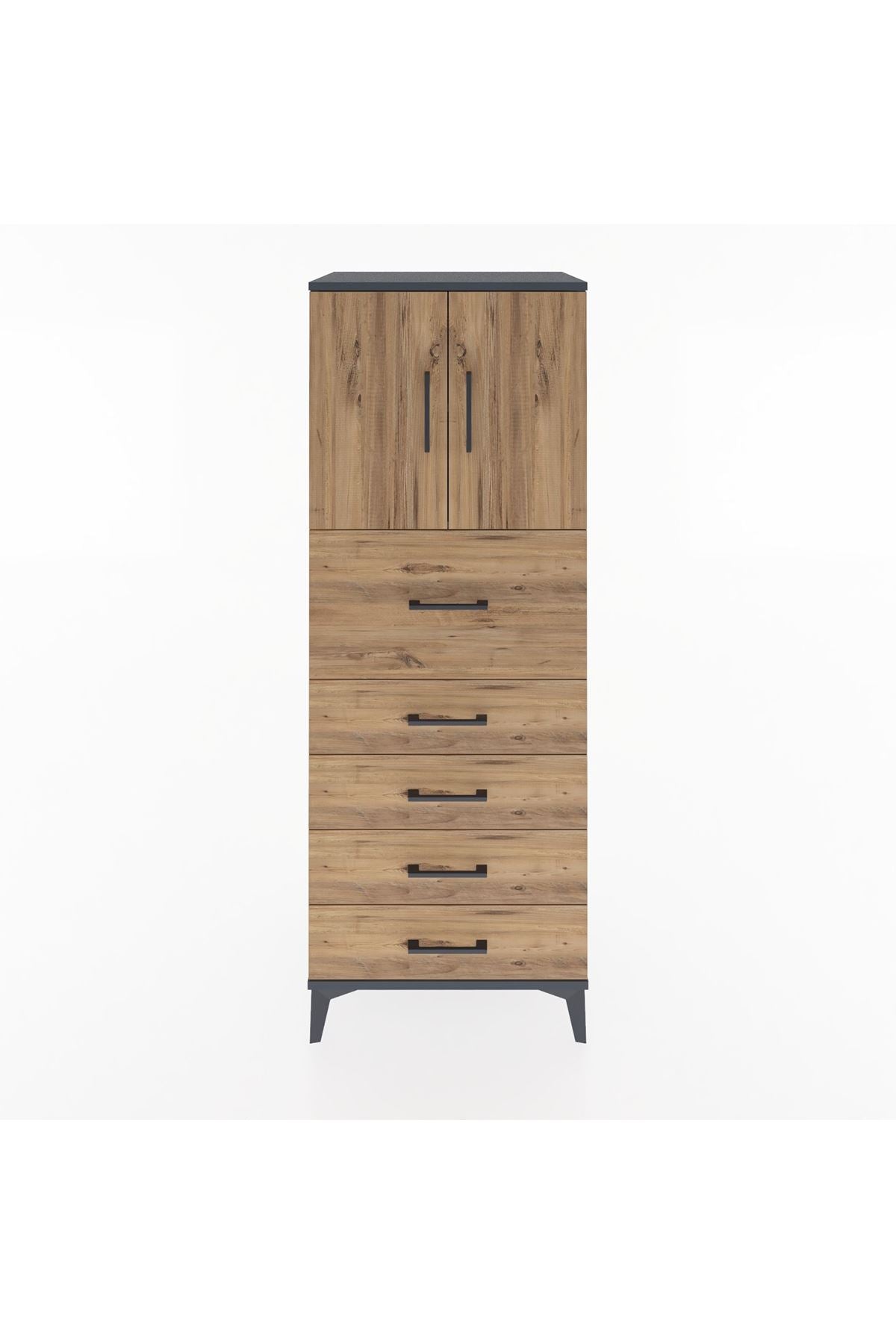 Hyperion Dolap 2 Raflı 5 Çekmeceli 2 Kapaklı 60x44x163 Antrasit-Çam