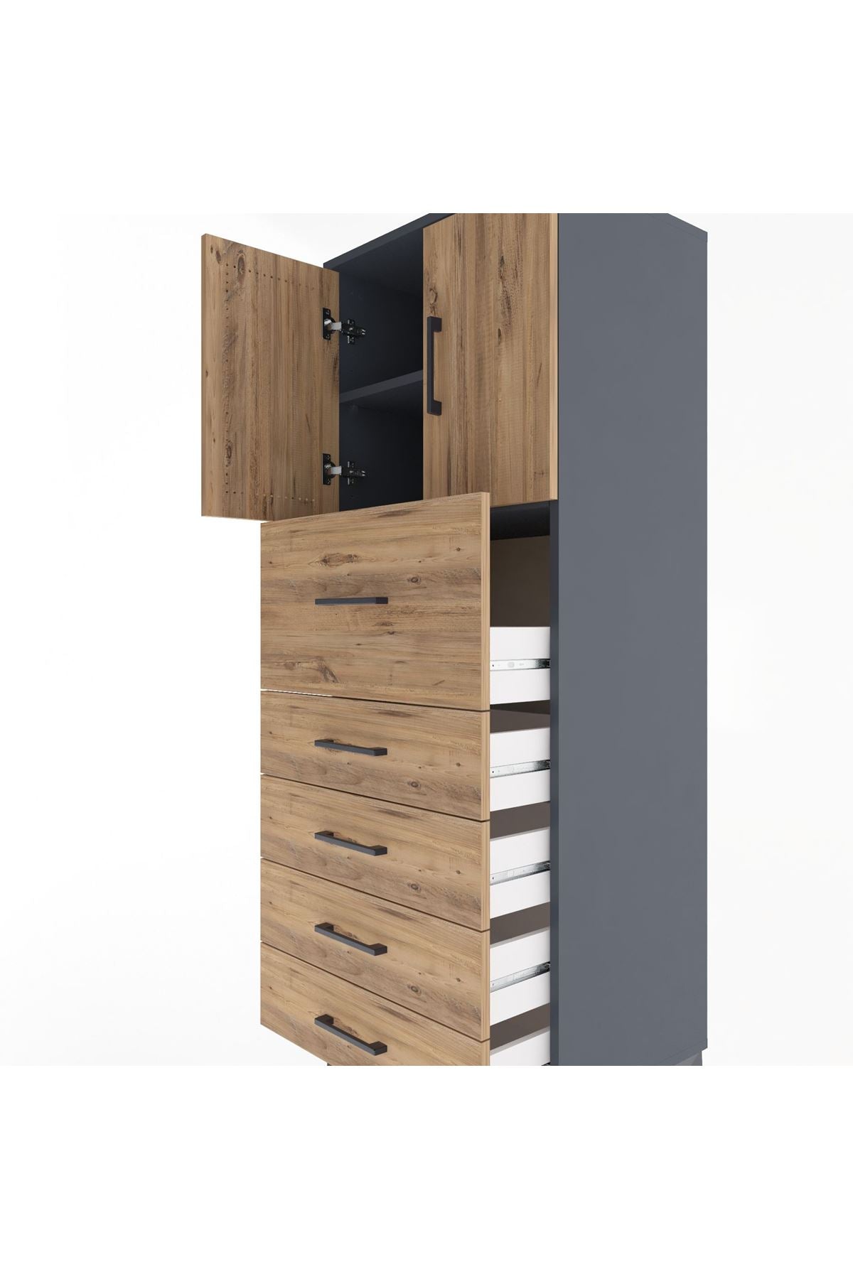 Hyperion Dolap 2 Raflı 5 Çekmeceli 2 Kapaklı 60x44x163 Antrasit-Çam