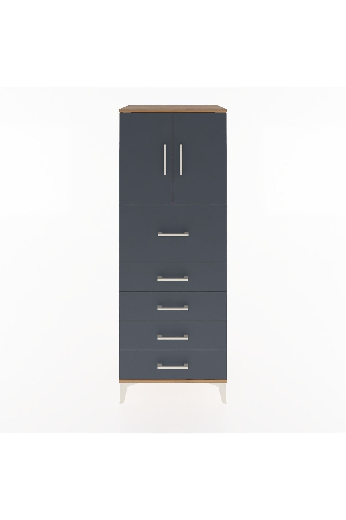 Hyperion Dolap 2 Raflı 5 Çekmeceli 2 Kapaklı 60x44x163 Çam-Antrasit