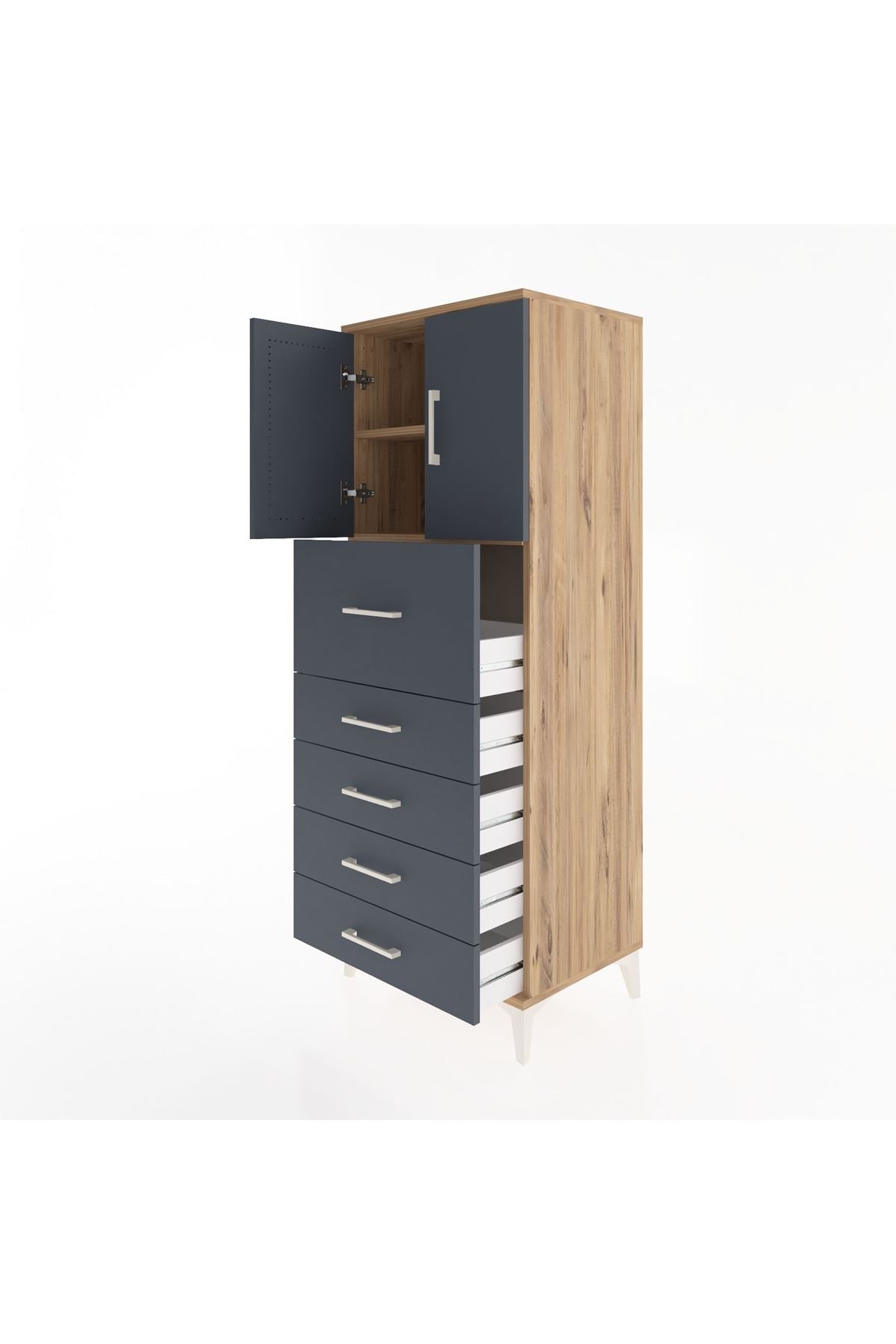 Hyperion Dolap 2 Raflı 5 Çekmeceli 2 Kapaklı 60x44x163 Çam-Antrasit