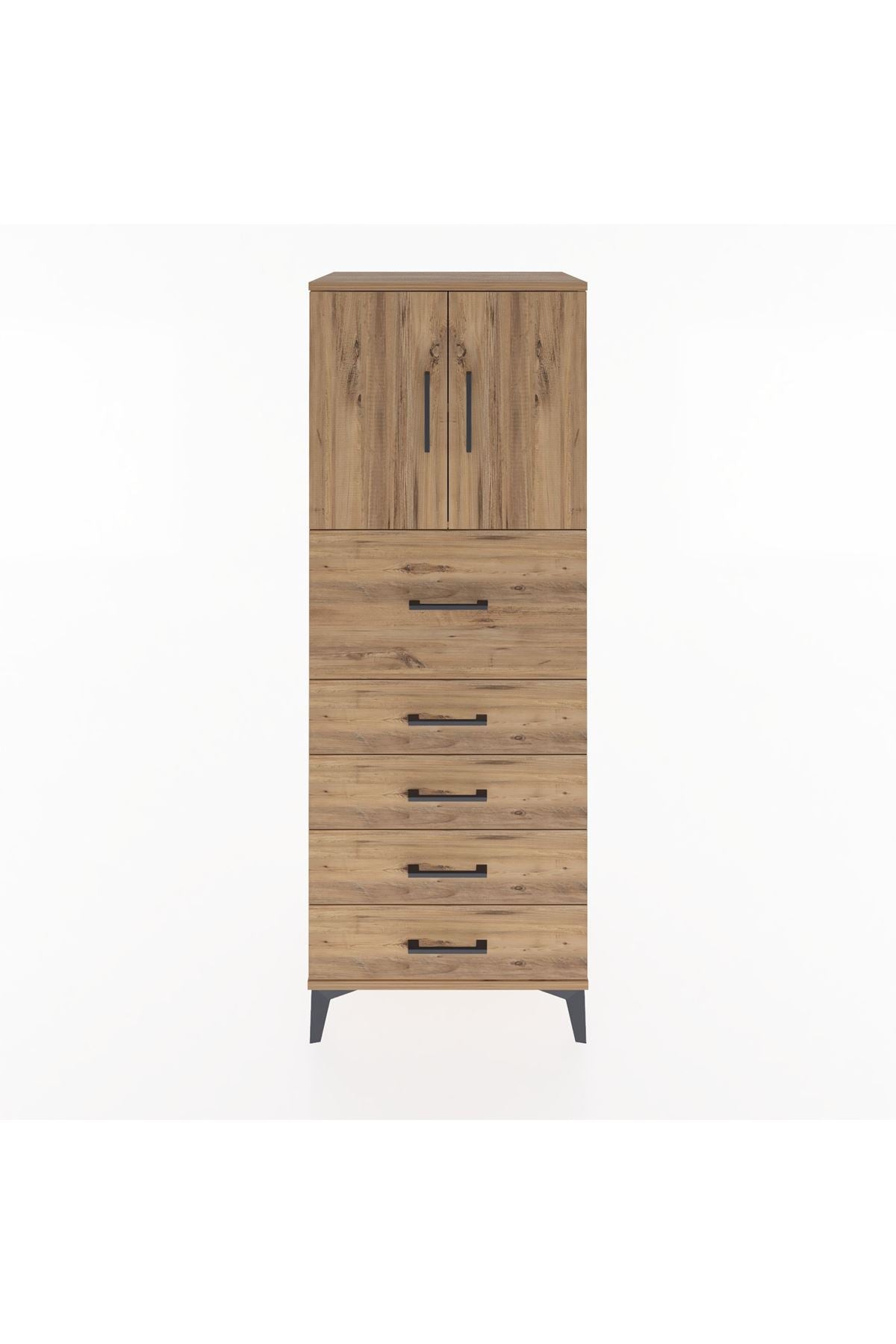 Hyperion Dolap 2 Raflı 5 Çekmeceli 2 Kapaklı 60x44x163 Çam-Çam