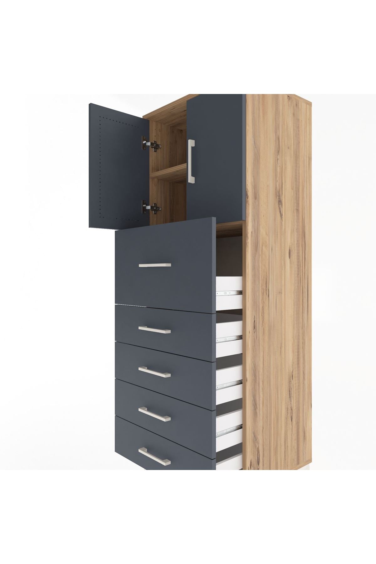 Hyperion Dolap 2 Raflı 5 Çekmeceli 2 Kapaklı 60x44x163 Çam-Antrasit