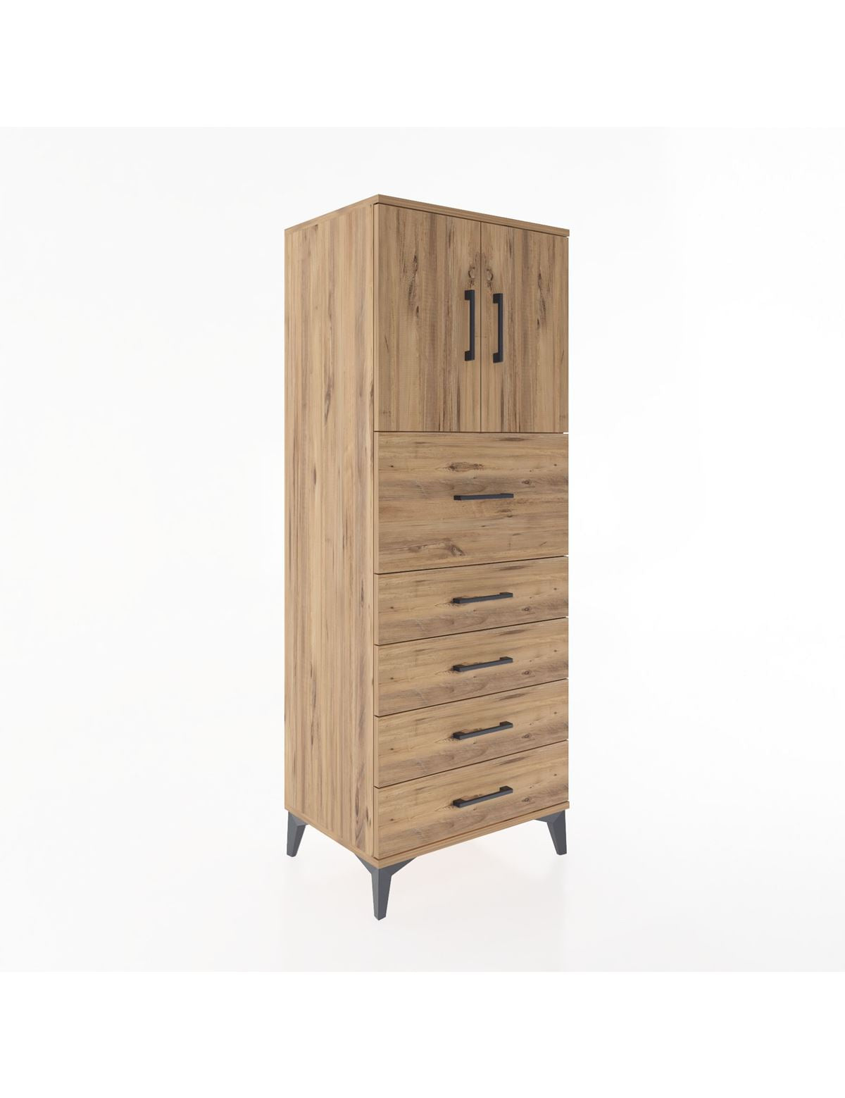 Hyperion Dolap 2 Raflı 5 Çekmeceli 2 Kapaklı 60x44x163 Çam-Çam