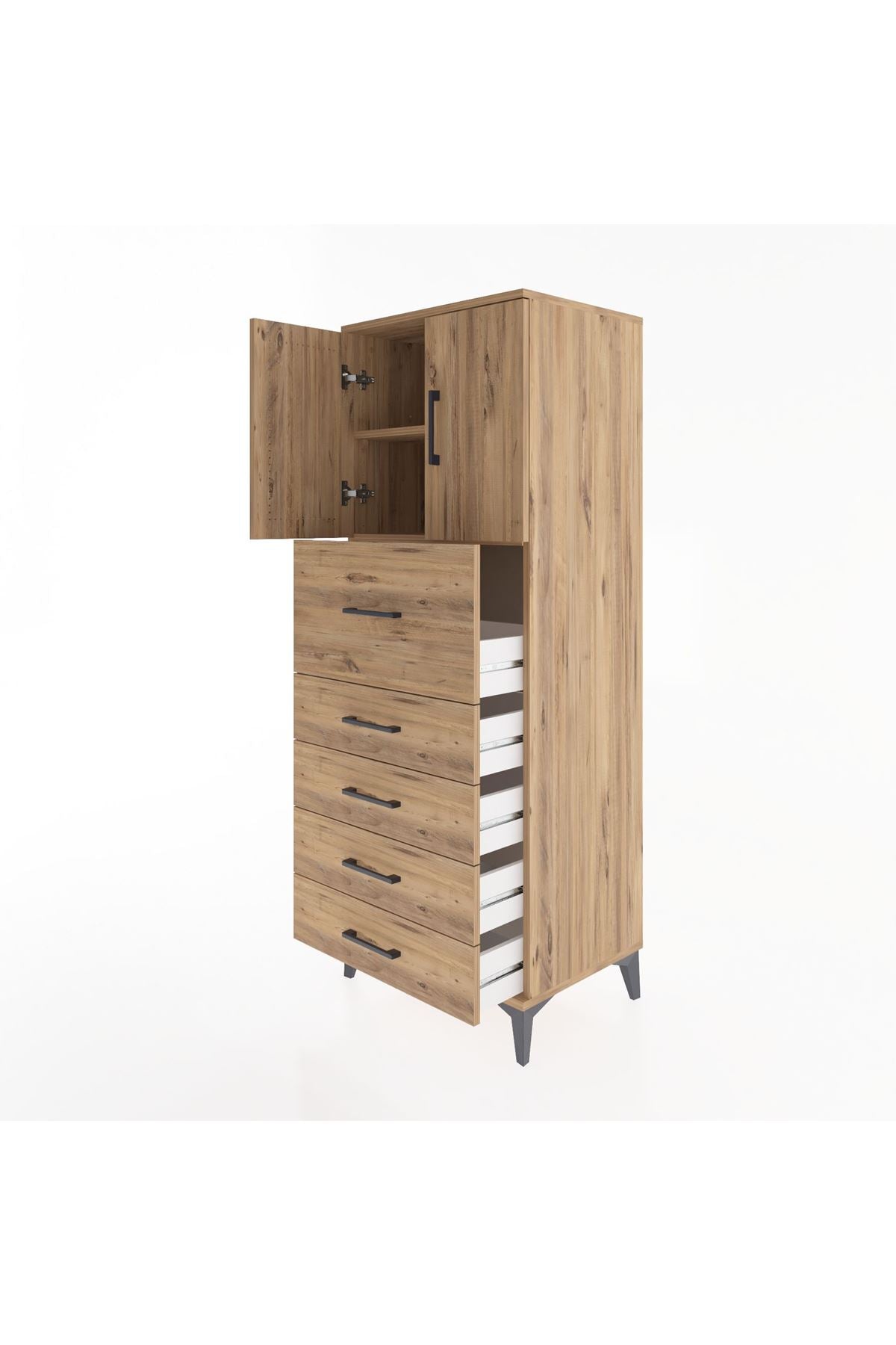 Hyperion Dolap 2 Raflı 5 Çekmeceli 2 Kapaklı 60x44x163 Çam-Çam