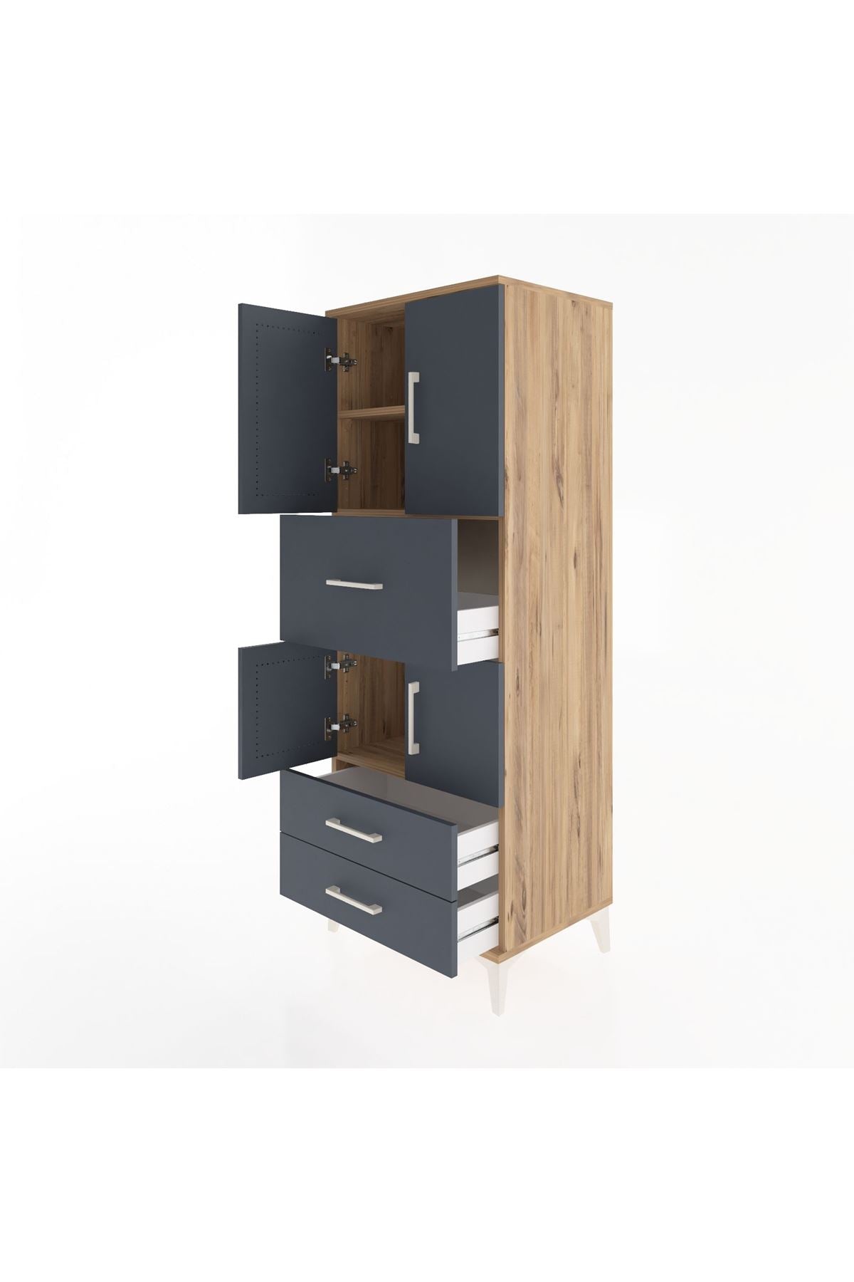 Hyperion Dolap 3 Raflı 3 Çekmeceli 4 Kapaklı 60x44x163 Çam-Antrasit