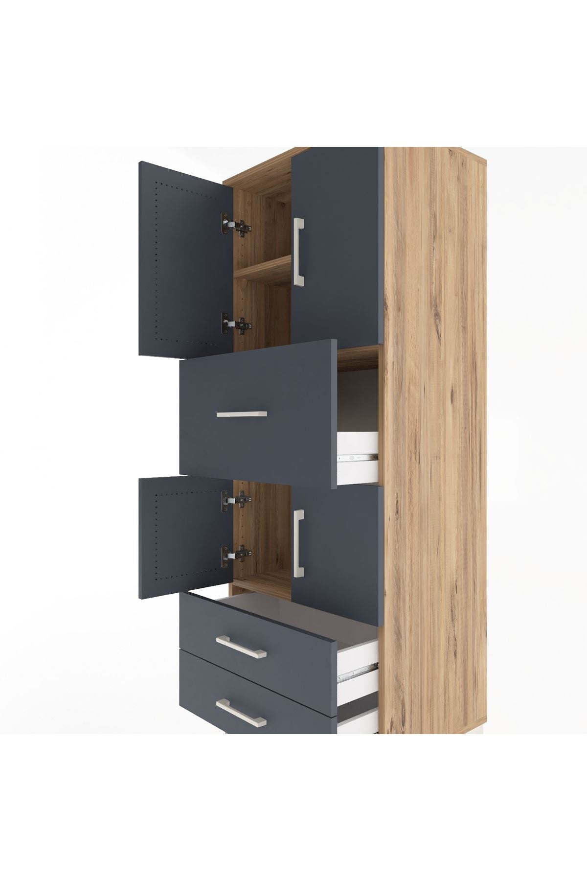 Hyperion Dolap 3 Raflı 3 Çekmeceli 4 Kapaklı 60x44x163 Çam-Antrasit