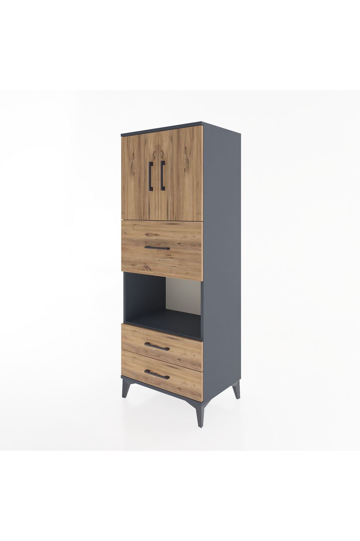 Hyperion Dolap 3 Raflı 3 Çekmeceli 2 Kapaklı 60x44x163 Antrasit-Çam