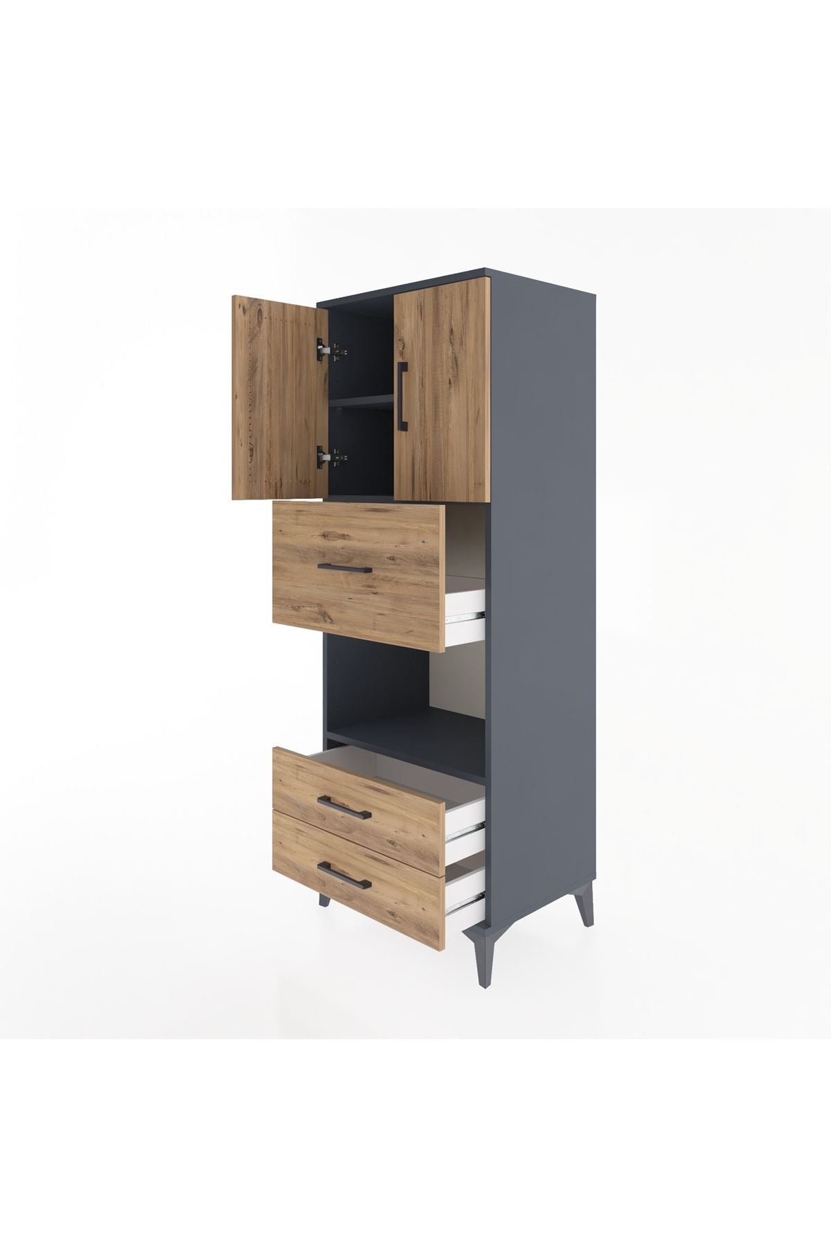 Hyperion Dolap 3 Raflı 3 Çekmeceli 2 Kapaklı 60x44x163 Antrasit-Çam