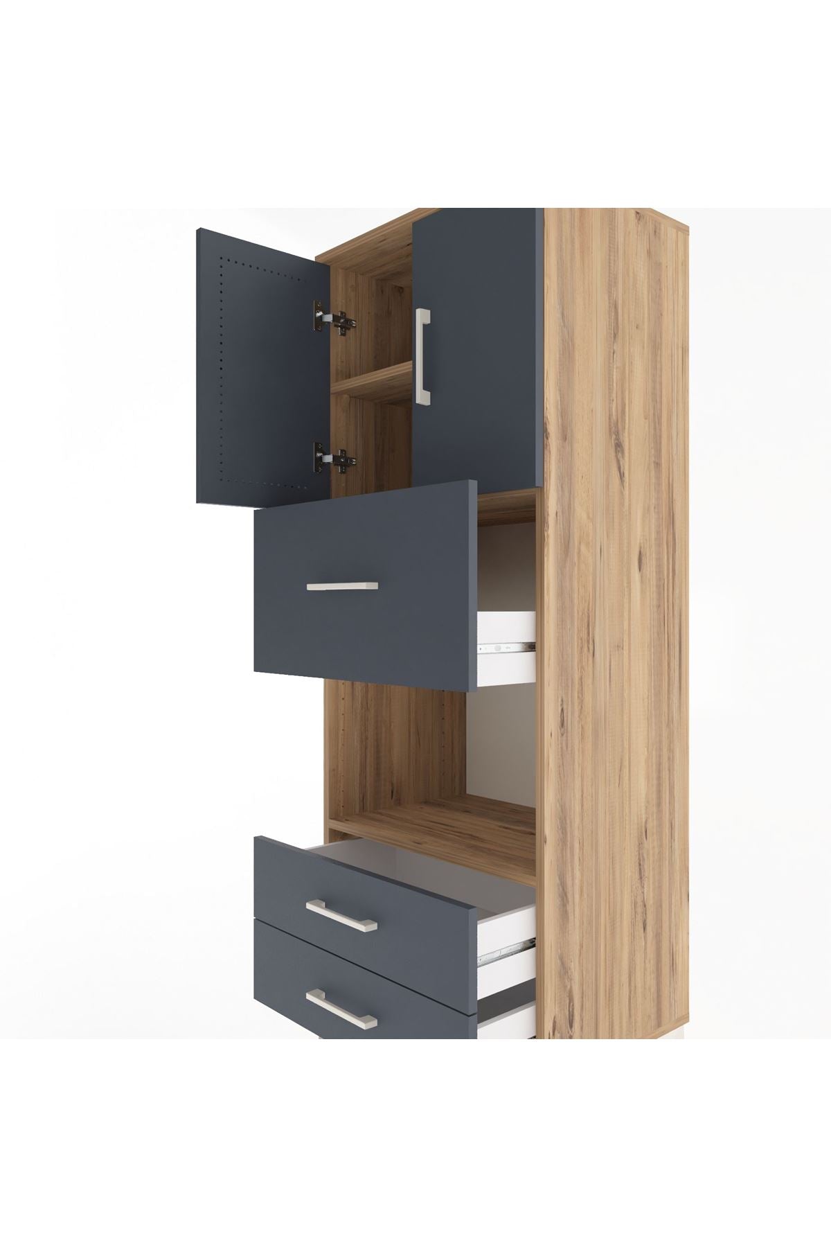 Hyperion Dolap 3 Raflı 3 Çekmeceli 2 Kapaklı 60x44x163 Çam-Antrasit