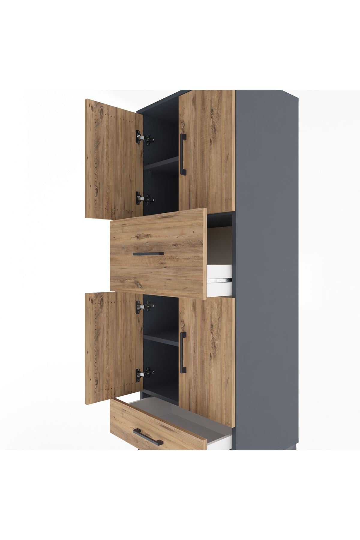 Hyperion Dolap 4 Raflı 2 Çekmeceli 4 Kapaklı 60x44x163 Antrasit-Çam