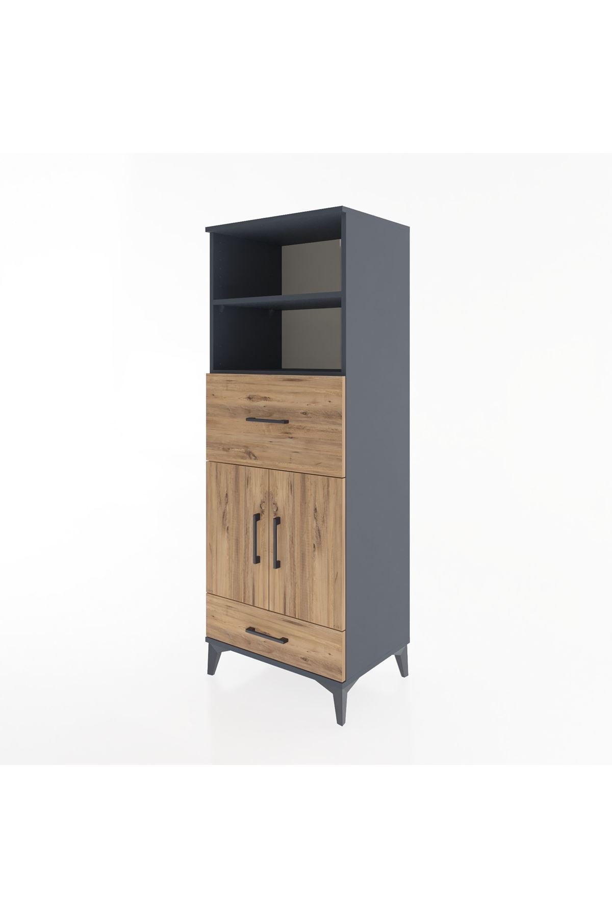 Hyperion Dolap 4 Raflı 2 Çekmeceli 2 Kapaklı 60x44x163 Antrasit-Çam