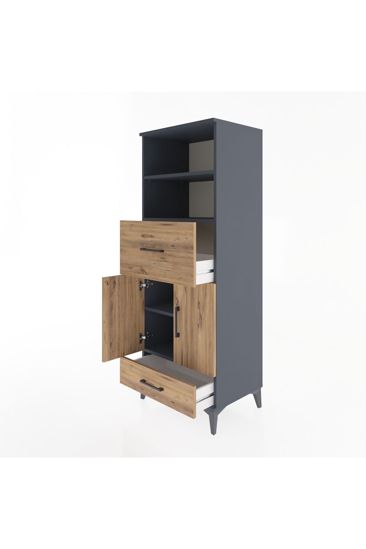 Hyperion Dolap 4 Raflı 2 Çekmeceli 2 Kapaklı 60x44x163 Antrasit-Çam