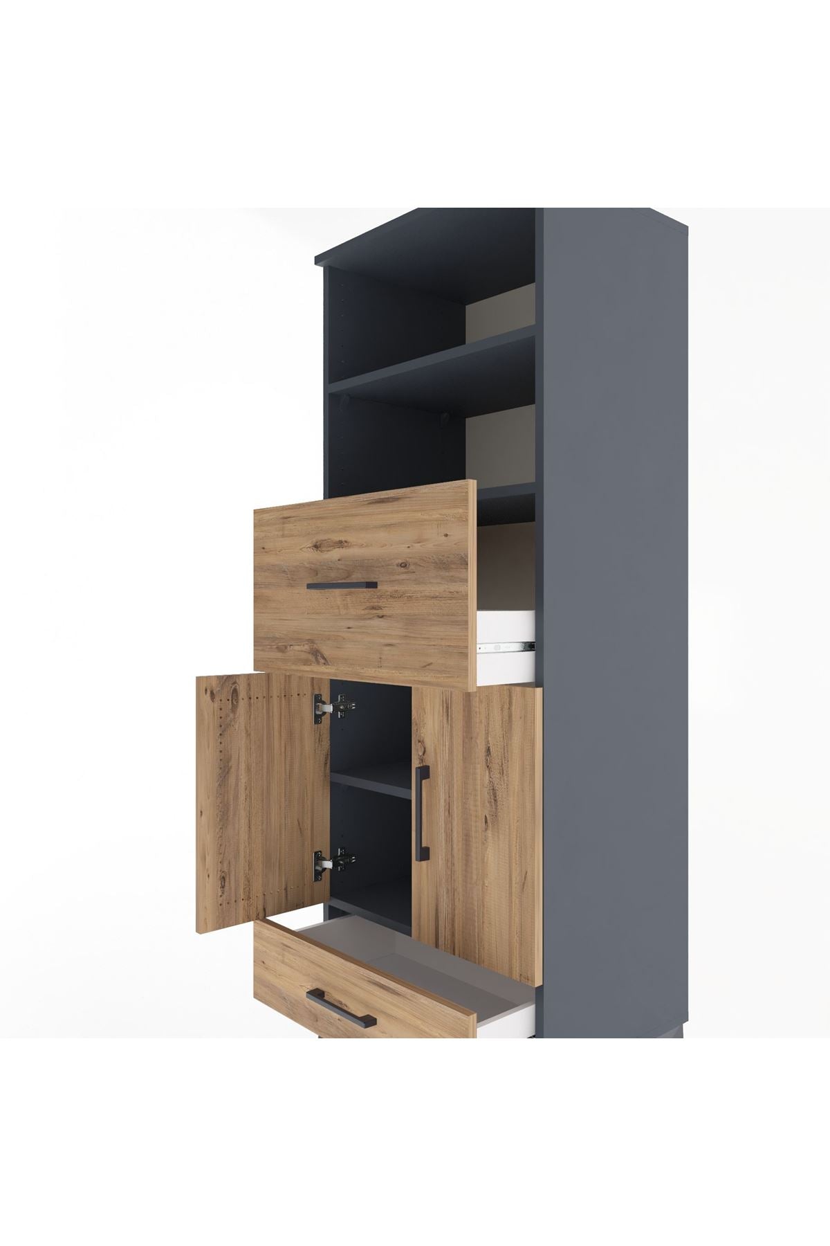 Hyperion Dolap 4 Raflı 2 Çekmeceli 2 Kapaklı 60x44x163 Antrasit-Çam
