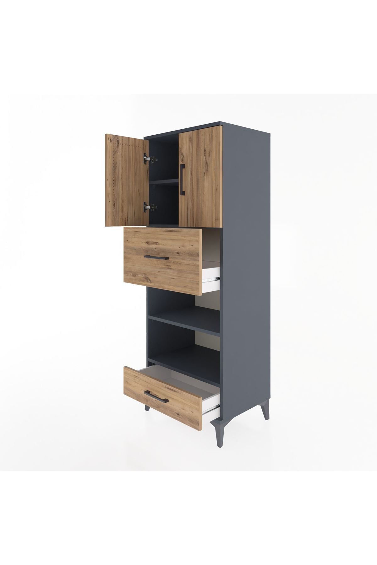 Hyperion Dolap 4 Raflı 2 Çekmeceli 2 Kapaklı 60x44x163 Antrasit-Çam