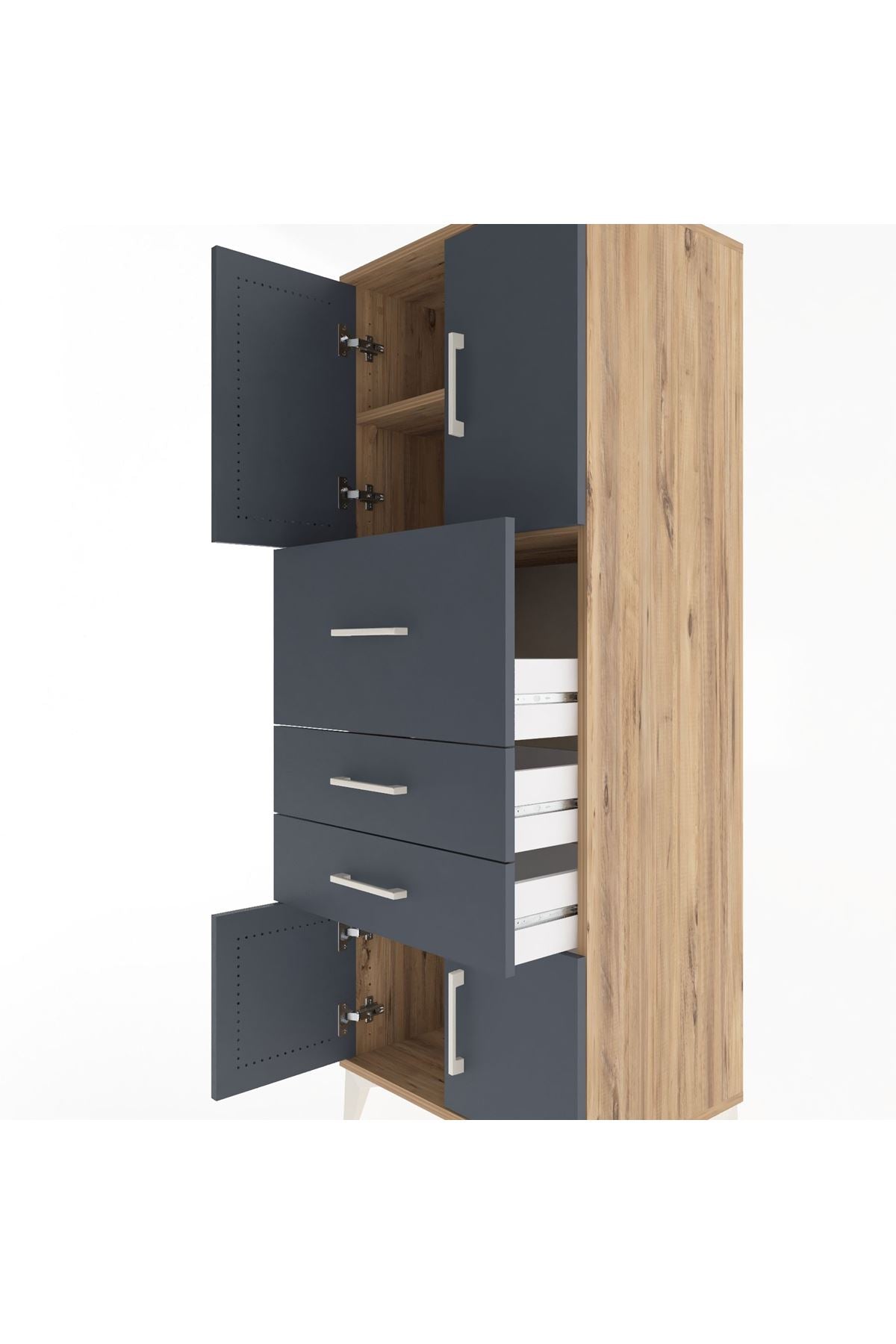 Hyperion Dolap 2 Raflı 3 Çekmeceli 4 Kapaklı 60x44x163 Çam-Antrasit