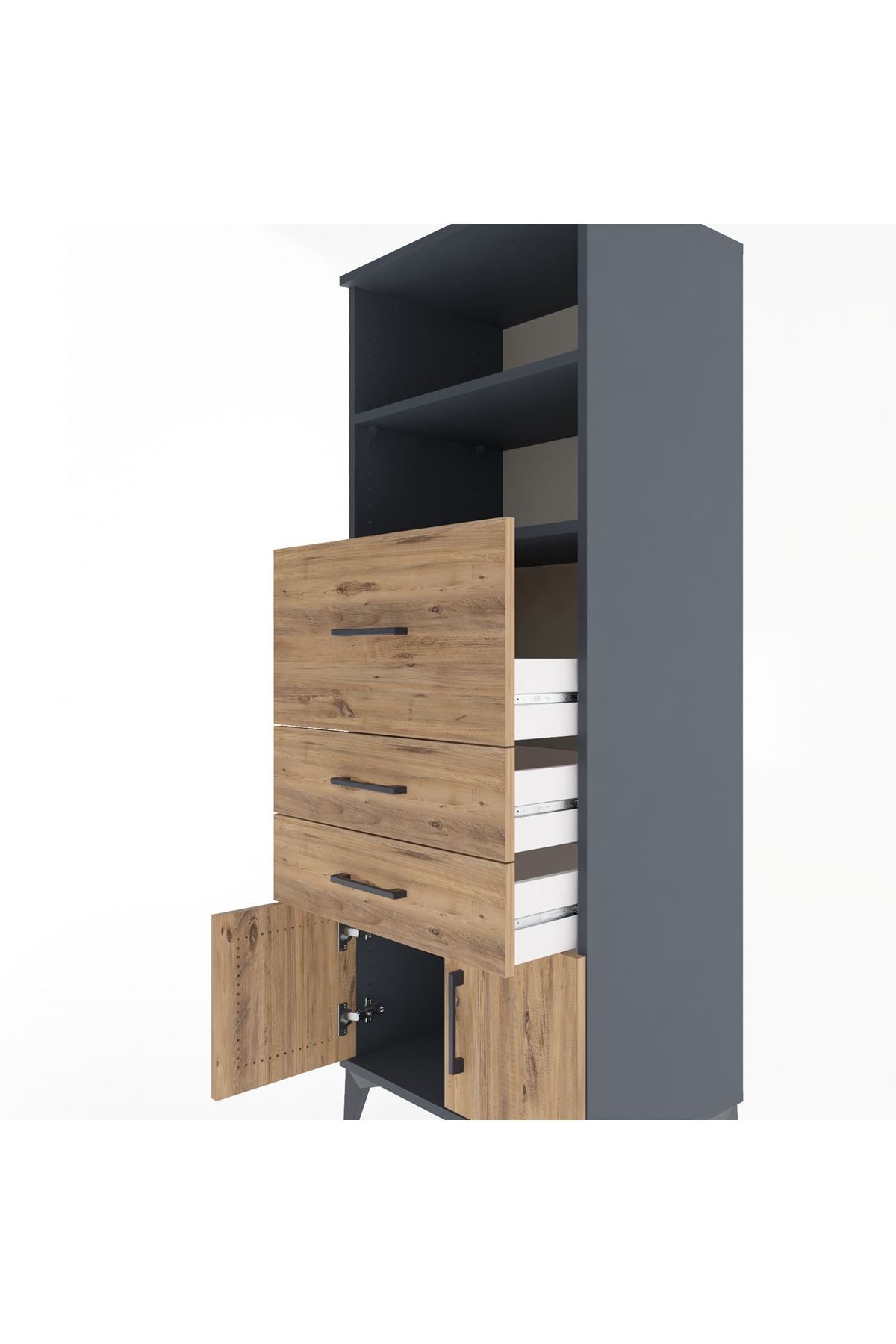 Hyperion Dolap 2 Raflı 3 Çekmeceli 2 Kapaklı 60x44x163 Antrasit-Çam