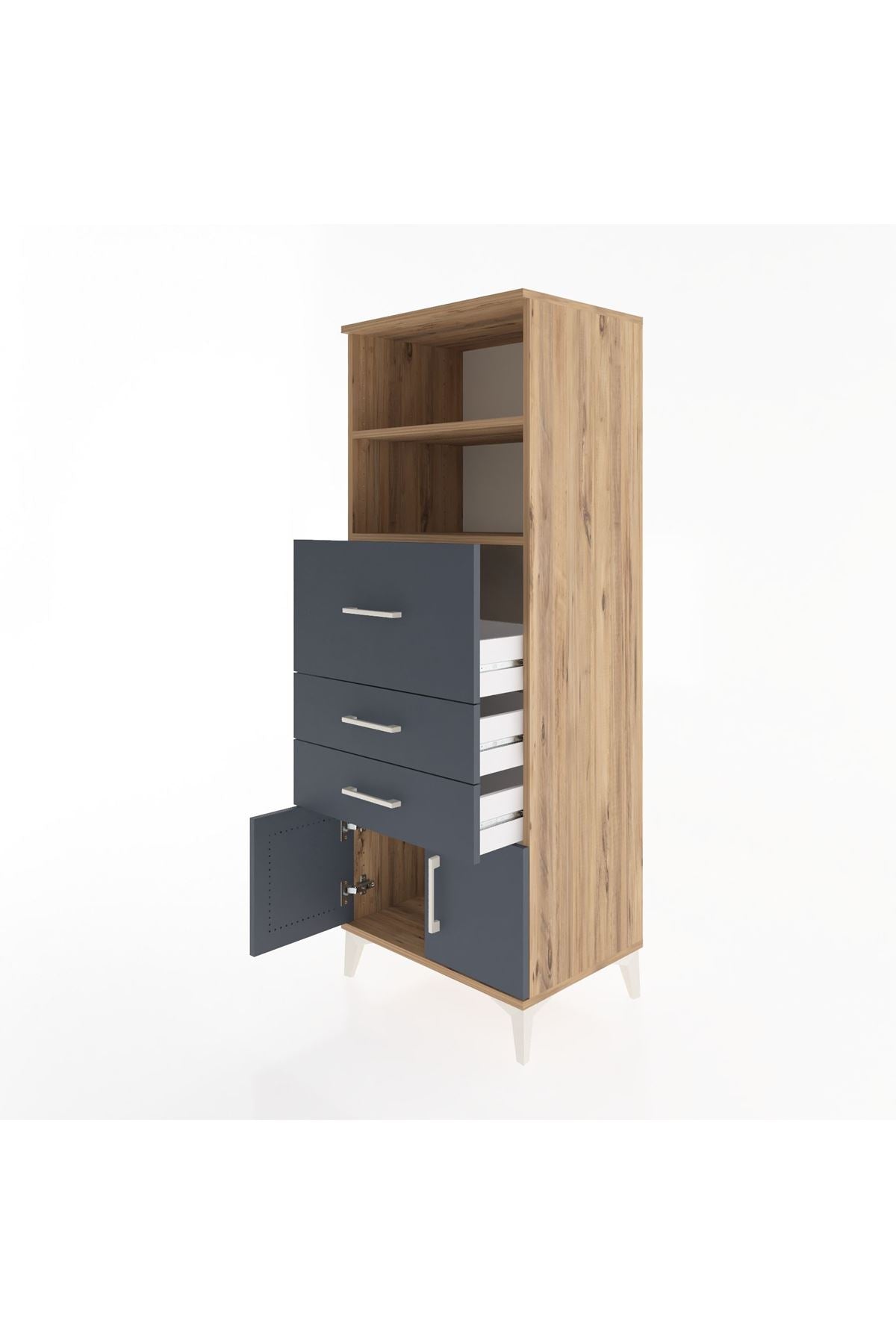 Hyperion Dolap 2 Raflı 3 Çekmeceli 2 Kapaklı 60x44x163 Çam-Antrasit