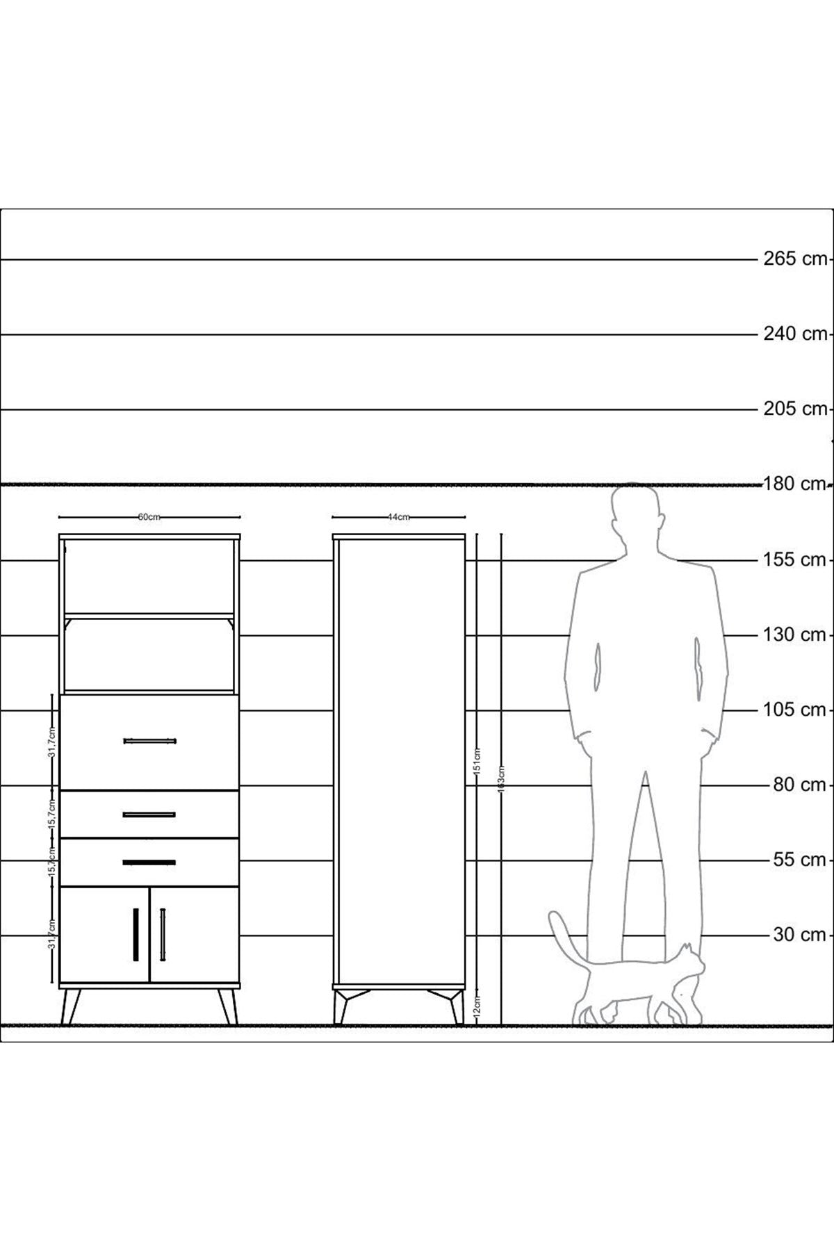 Hyperion Dolap 2 Raflı 3 Çekmeceli 2 Kapaklı 60x44x163 Çam-Antrasit