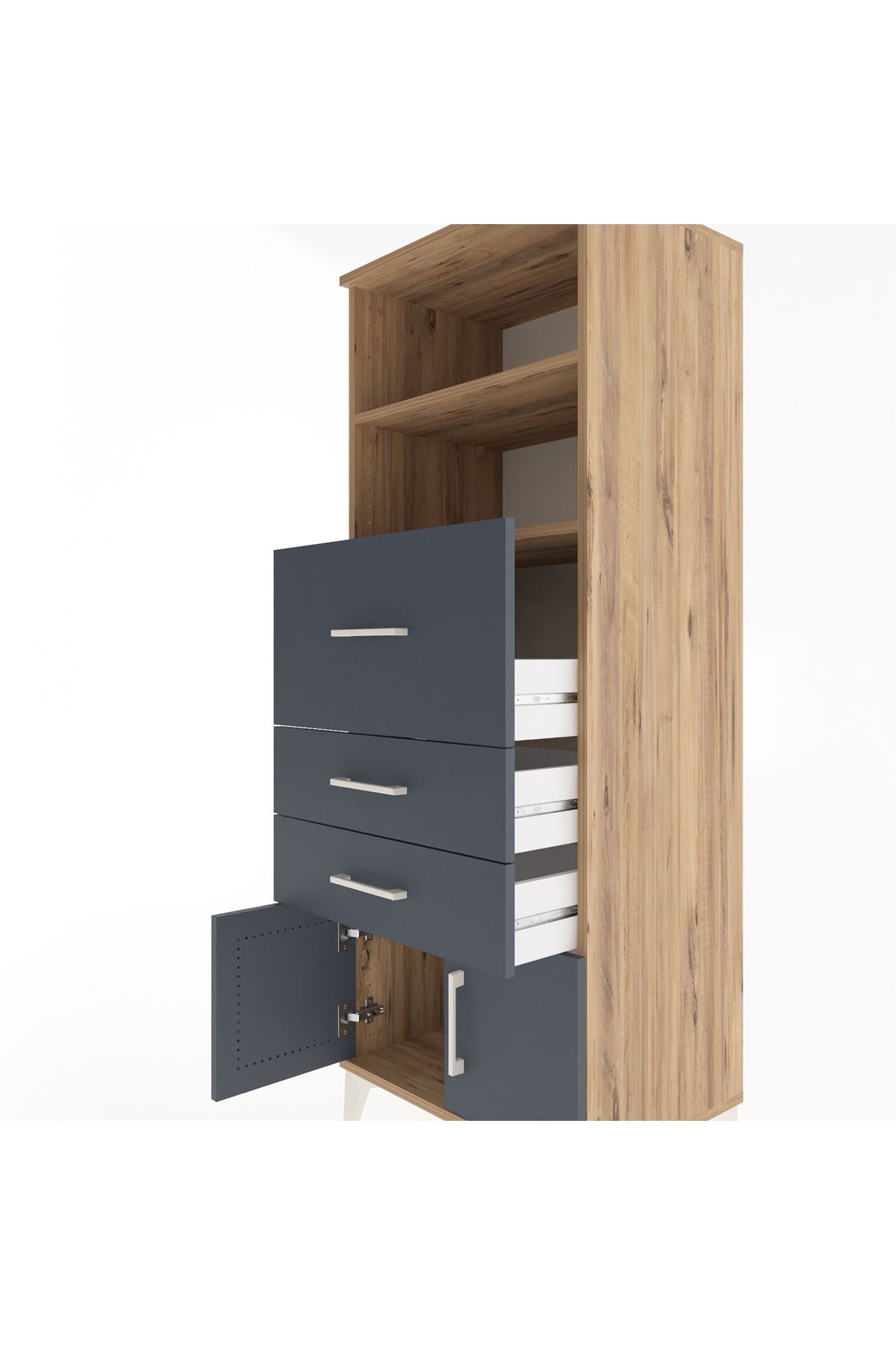 Hyperion Dolap 2 Raflı 3 Çekmeceli 2 Kapaklı 60x44x163 Çam-Antrasit