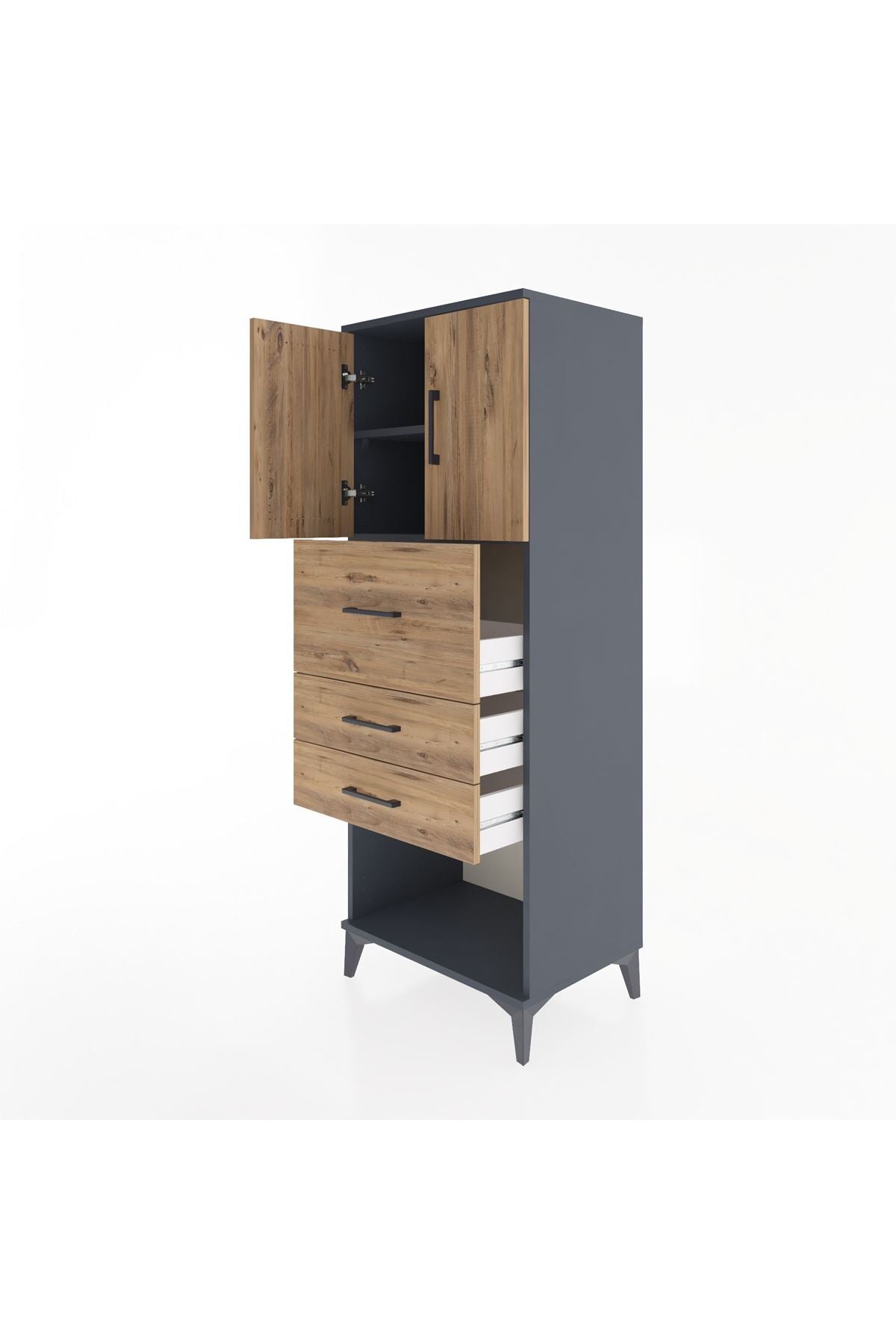 Hyperion Dolap 2 Raflı 3 Çekmeceli 2 Kapaklı 60x44x163 Antrasit-Çam