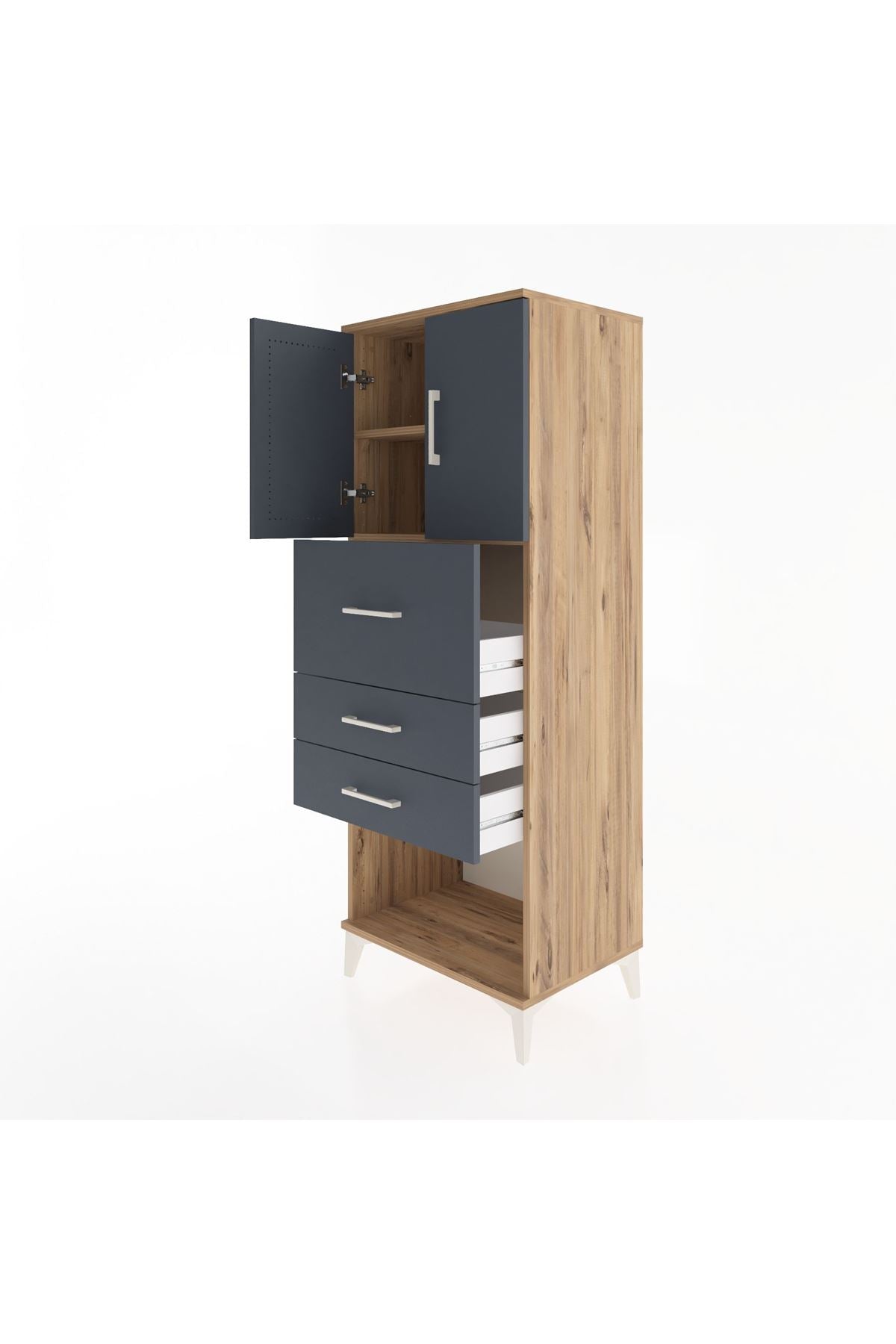 Hyperion Dolap 2 Raflı 3 Çekmeceli 2 Kapaklı 60x44x163 Çam-Antrasit