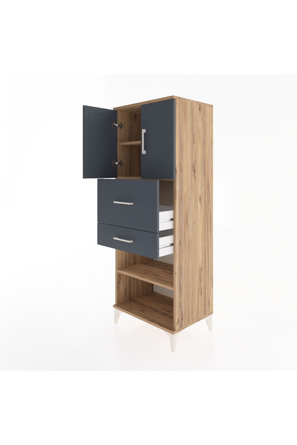 Hyperion Dolap 3 Raflı 2 Çekmeceli 2 Kapaklı 60x44x163 Çam-Antrasit