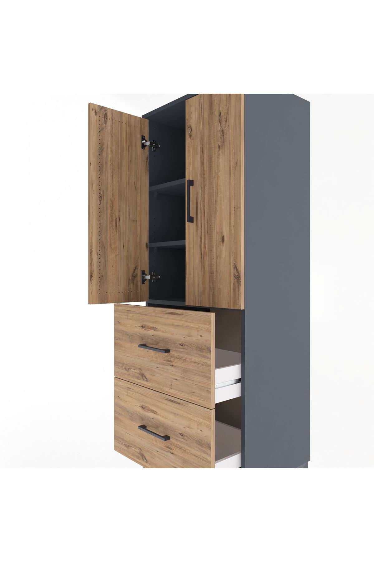 Hyperion Dolap 3 Raflı 2 Çekmeceli 2 Kapaklı 60x44x163 Antrasit-Çam