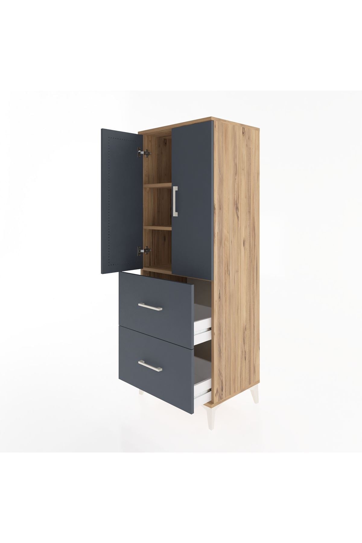 Hyperion Dolap 3 Raflı 2 Çekmeceli 2 Kapaklı 60x44x163 Çam-Antrasit