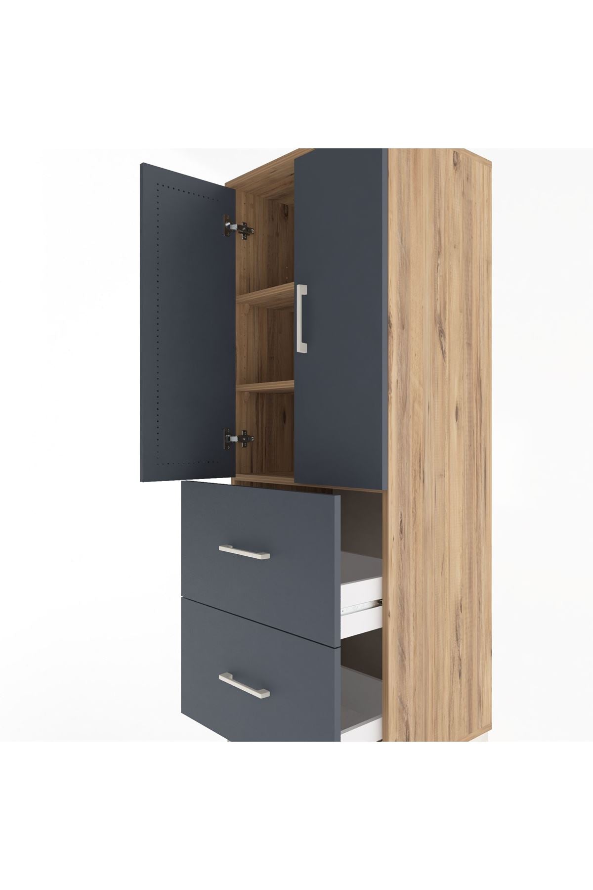 Hyperion Dolap 3 Raflı 2 Çekmeceli 2 Kapaklı 60x44x163 Çam-Antrasit