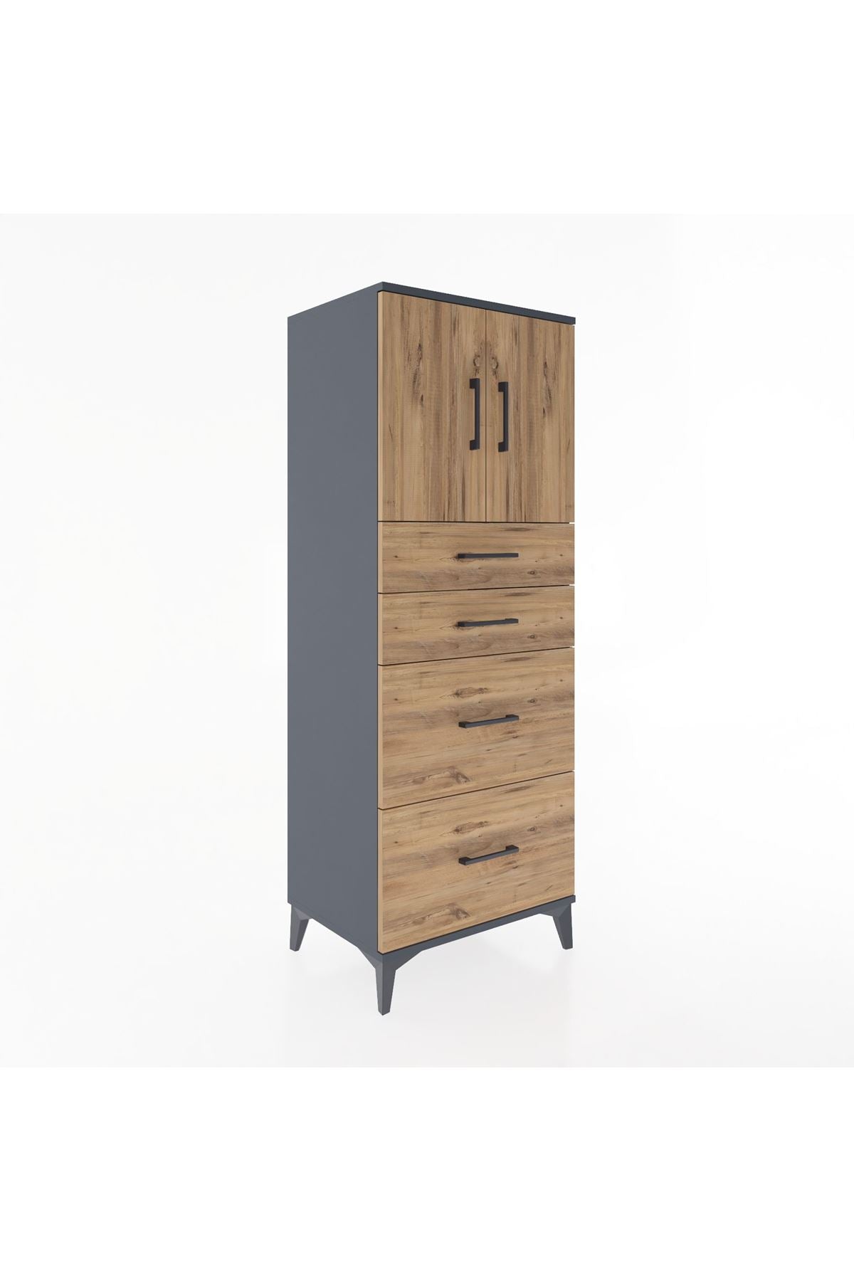 Hyperion Dolap 2 Raflı 4 Çekmeceli 2 Kapaklı 60x44x163 Antrasit-Çam