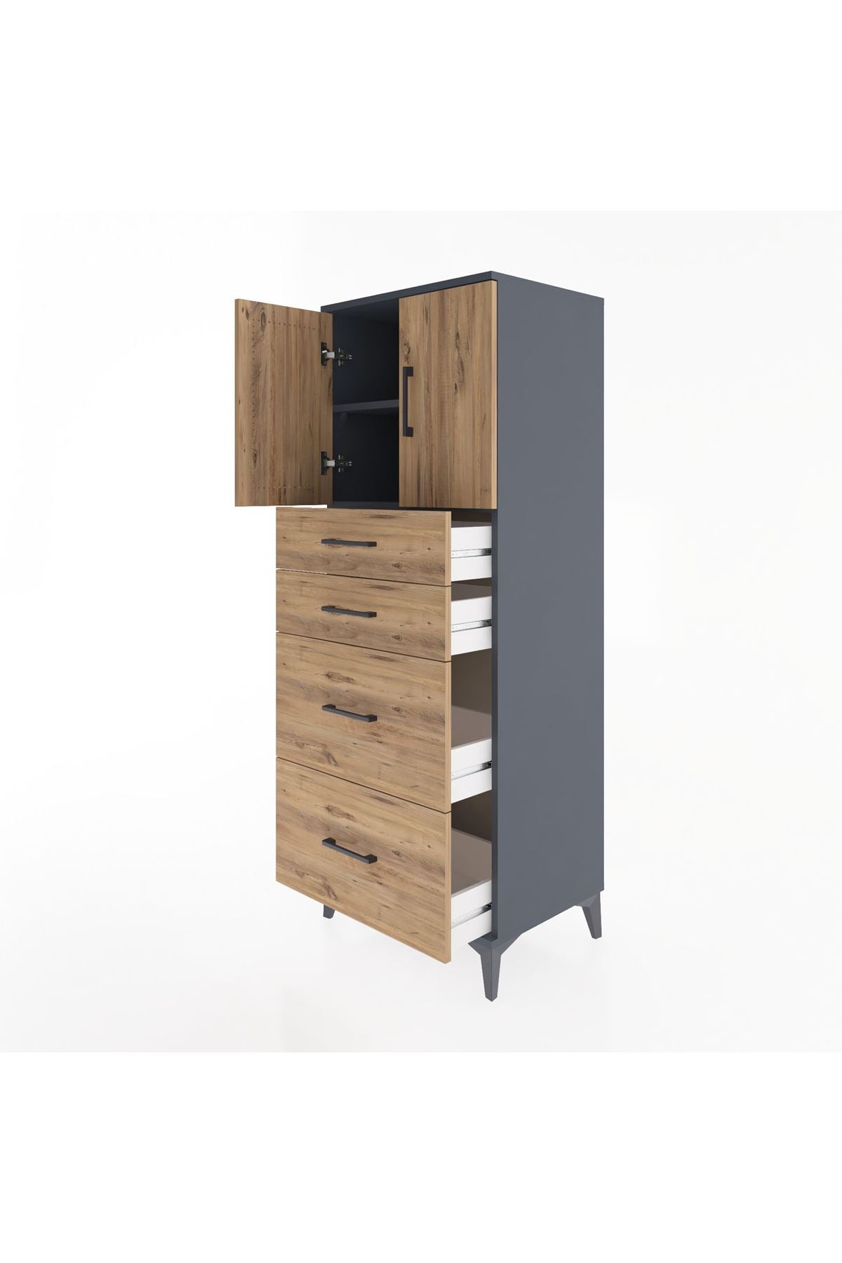 Hyperion Dolap 2 Raflı 4 Çekmeceli 2 Kapaklı 60x44x163 Antrasit-Çam