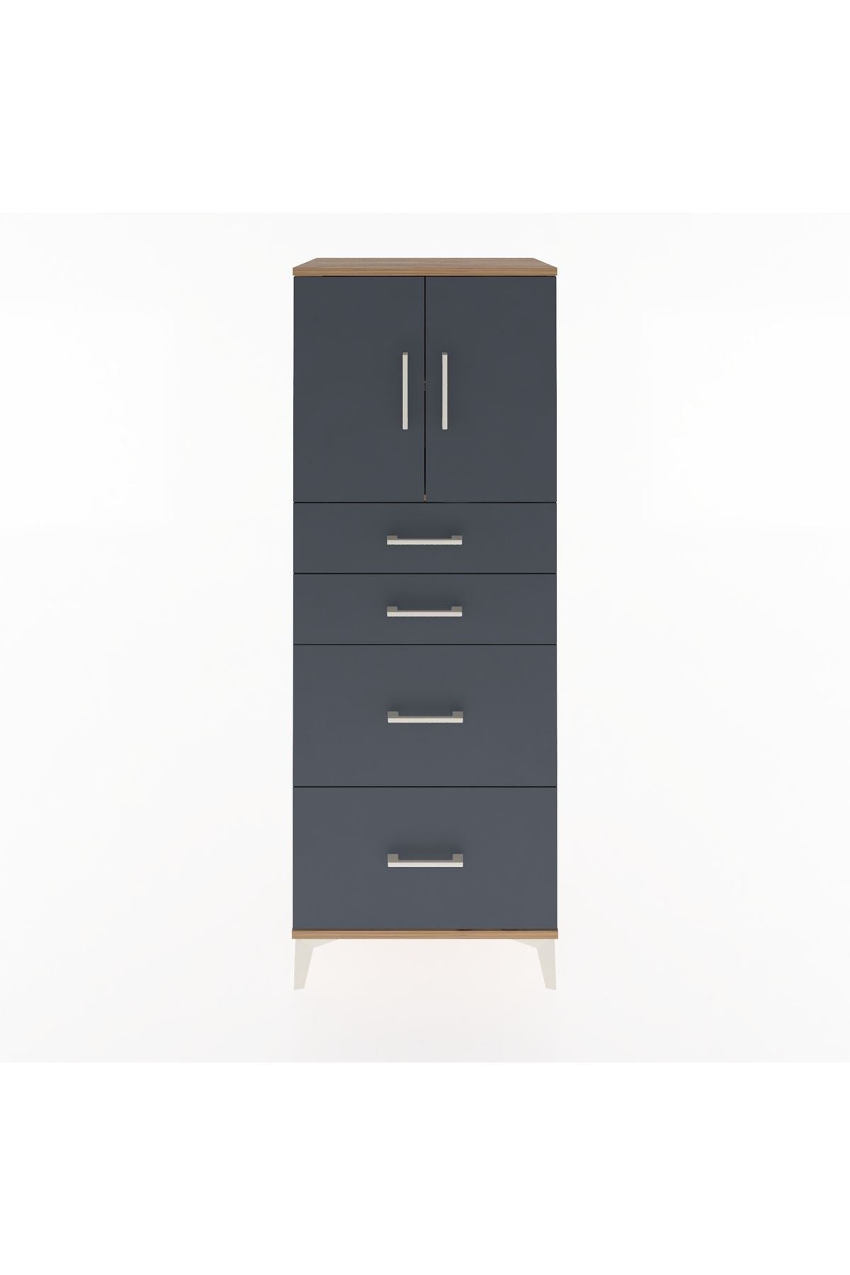 Hyperion Dolap 2 Raflı 4 Çekmeceli 2 Kapaklı 60x44x163 Çam-Antrasit