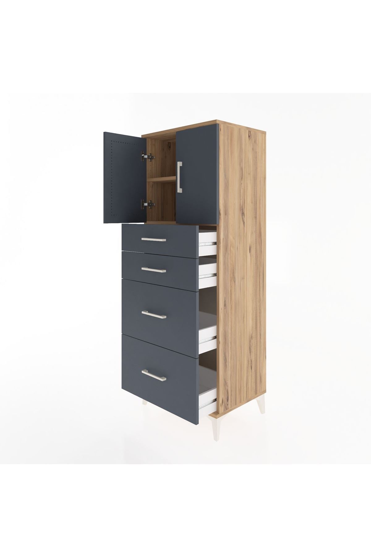 Hyperion Dolap 2 Raflı 4 Çekmeceli 2 Kapaklı 60x44x163 Çam-Antrasit