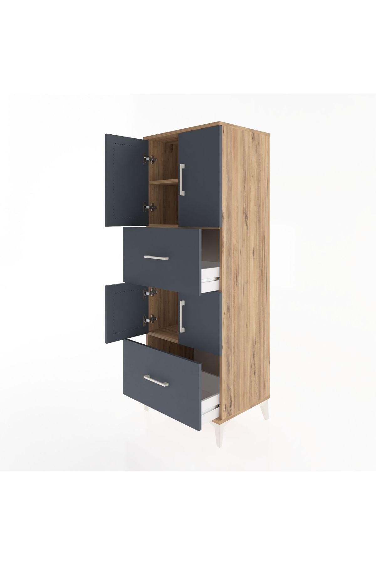 Hyperion Dolap 3 Raflı 2 Çekmeceli 4 Kapaklı 60x44x163 Çam-Antrasit