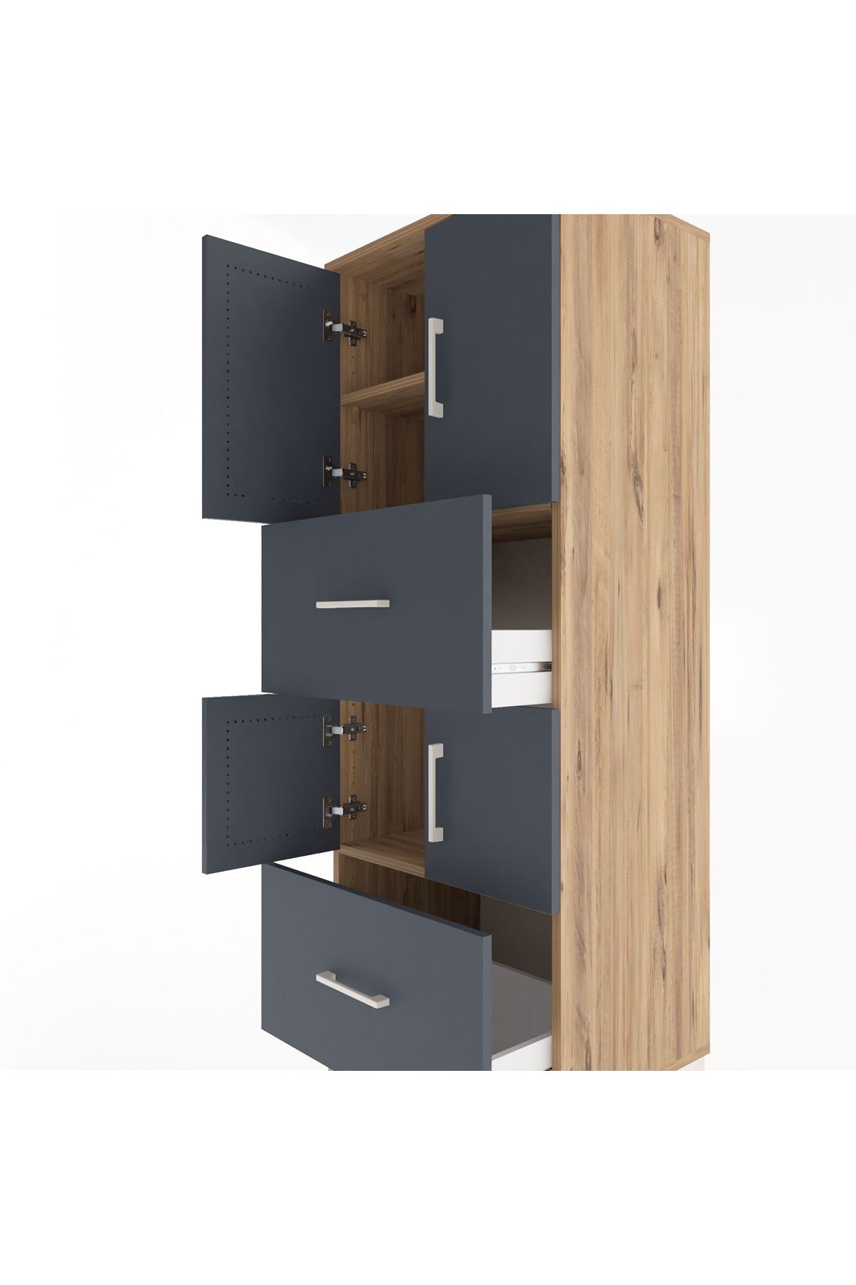 Hyperion Dolap 3 Raflı 2 Çekmeceli 4 Kapaklı 60x44x163 Çam-Antrasit