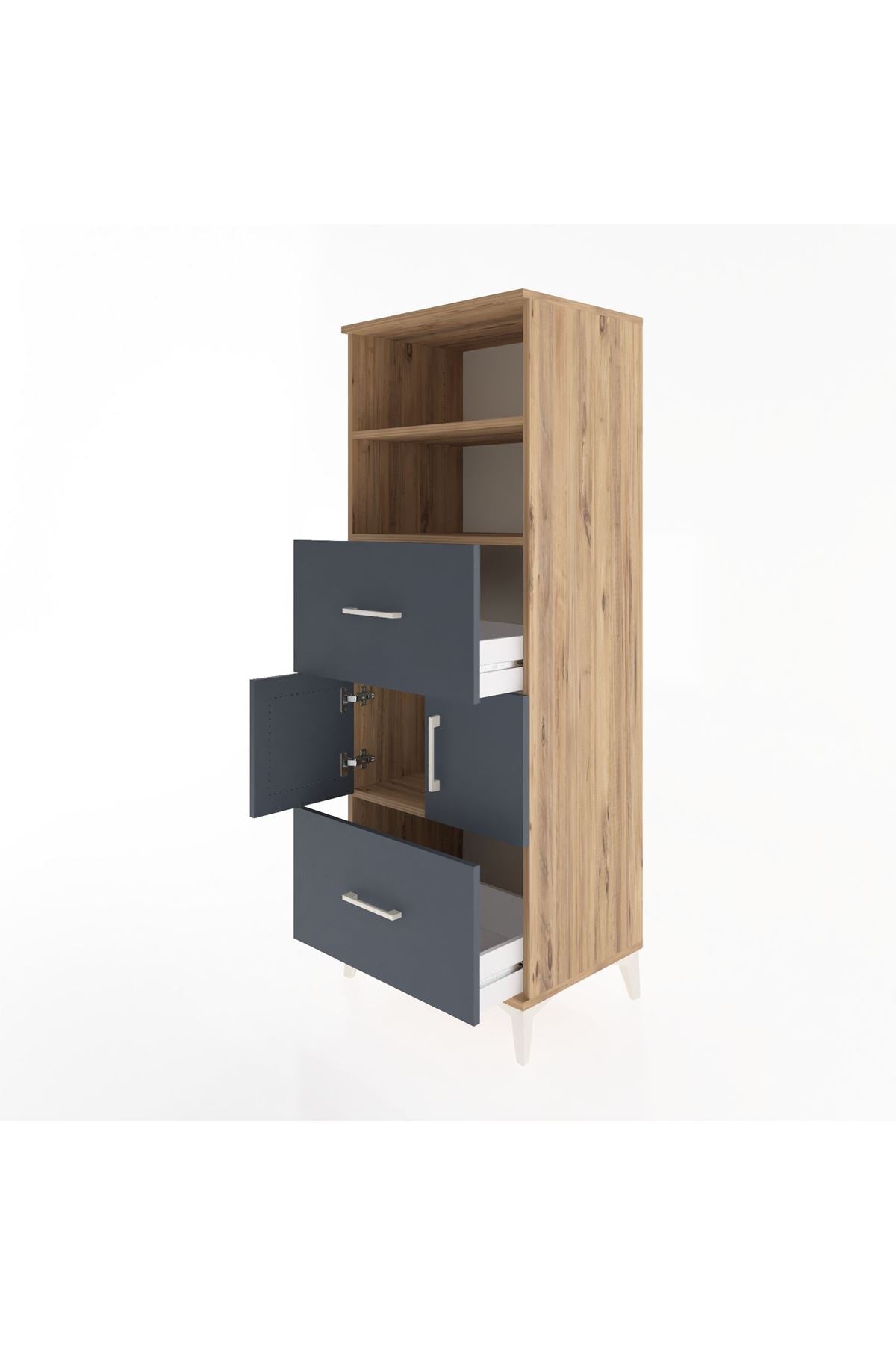 Hyperion Dolap 3 Raflı 2 Çekmeceli 2 Kapaklı 60x44x163 Çam-Antrasit