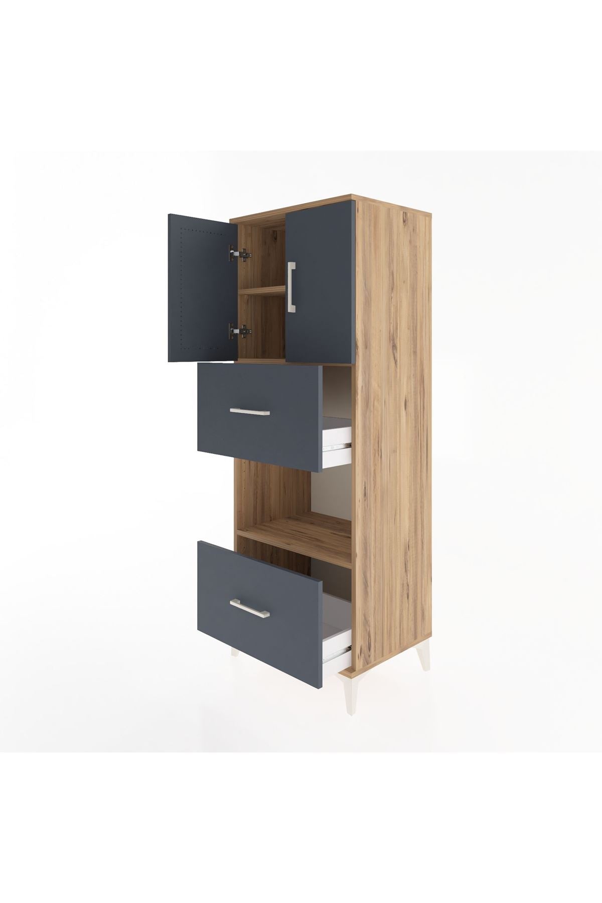 Hyperion Dolap 3 Raflı 2 Çekmeceli 2 Kapaklı 60x44x163 Çam-Antrasit