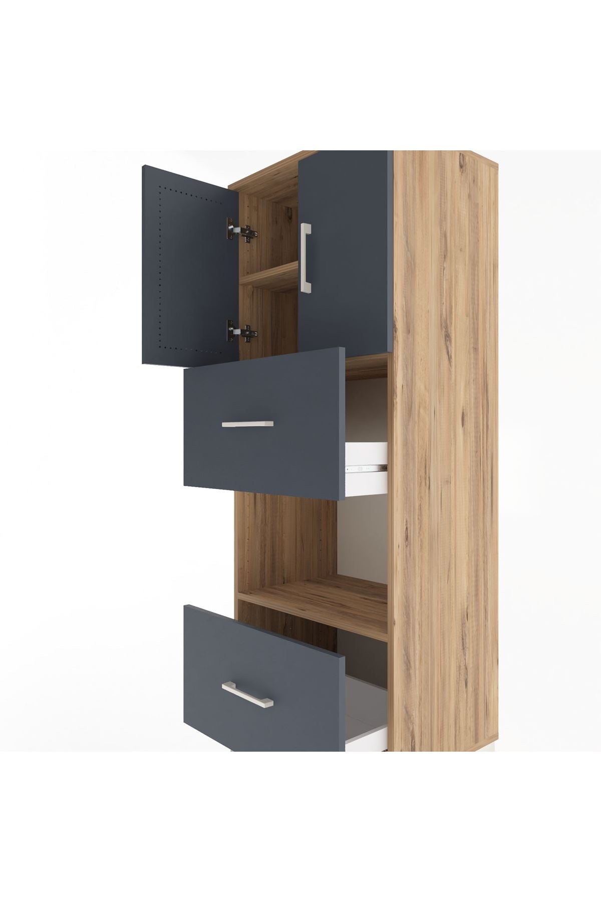 Hyperion Dolap 3 Raflı 2 Çekmeceli 2 Kapaklı 60x44x163 Çam-Antrasit
