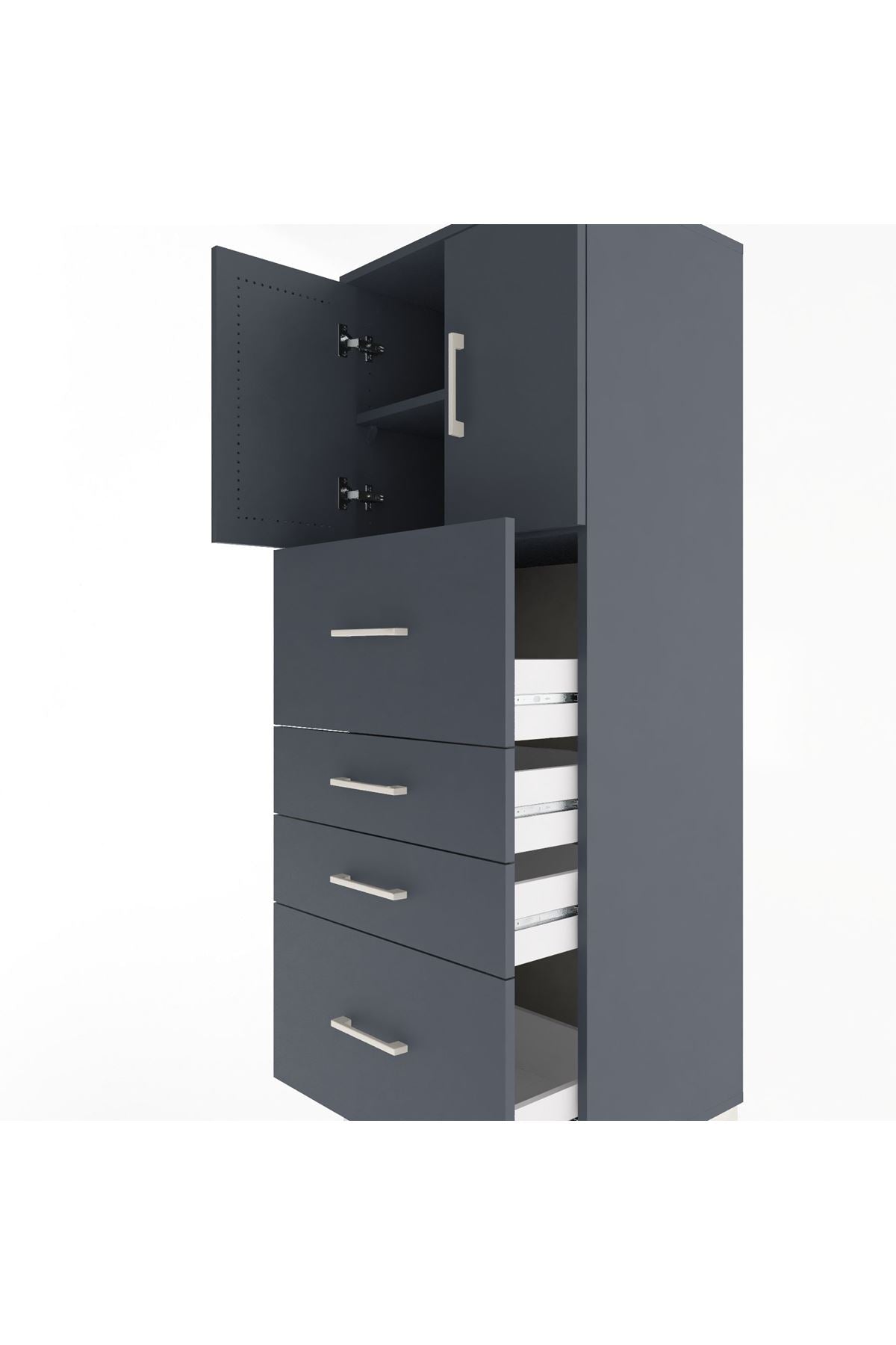 Hyperion Dolap 2 Raflı 4 Çekmeceli 2 Kapaklı 60x44x163 Antrasit-Antrasit