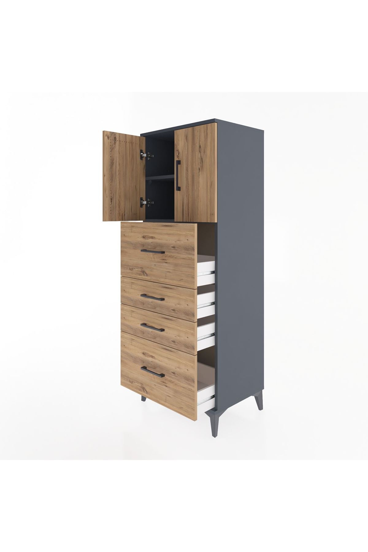 Hyperion Dolap 2 Raflı 4 Çekmeceli 2 Kapaklı 60x44x163 Antrasit-Çam