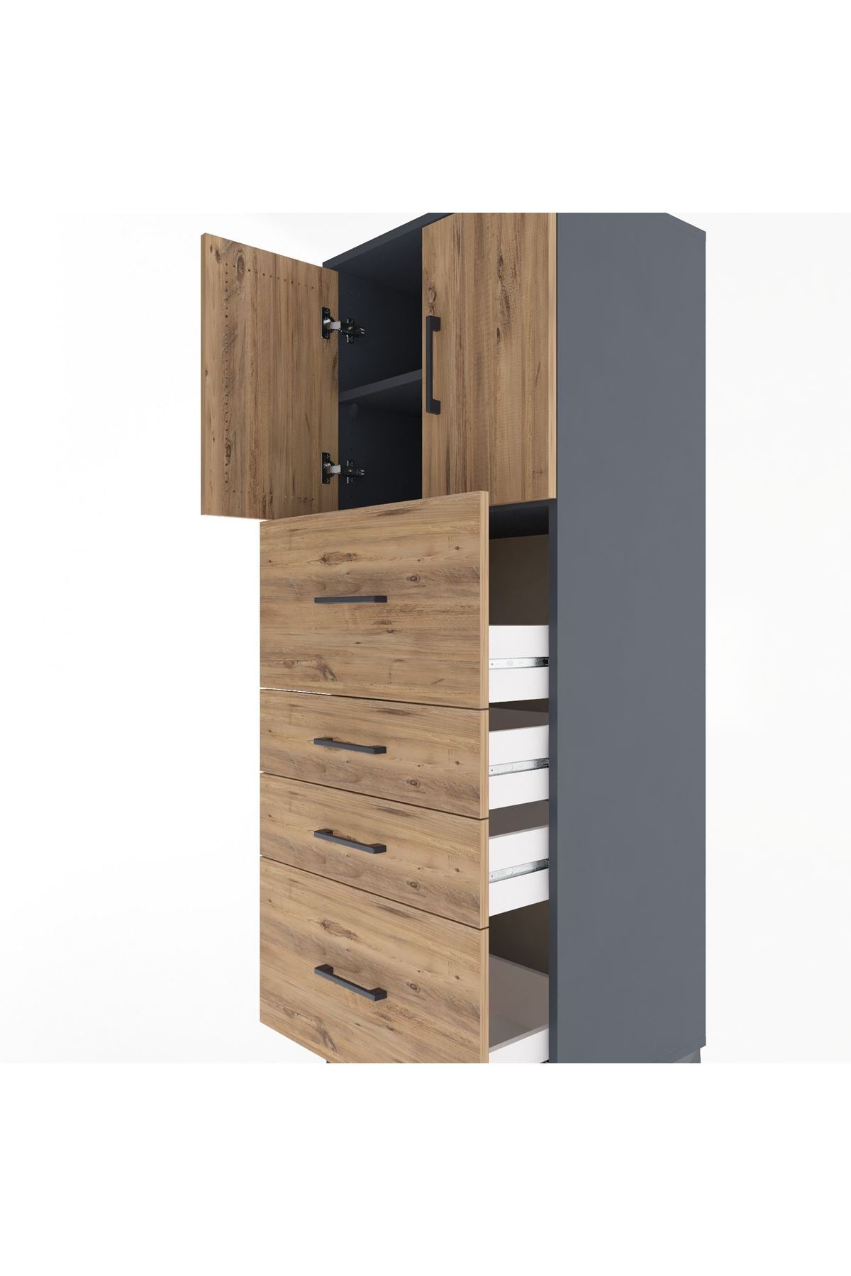 Hyperion Dolap 2 Raflı 4 Çekmeceli 2 Kapaklı 60x44x163 Antrasit-Çam