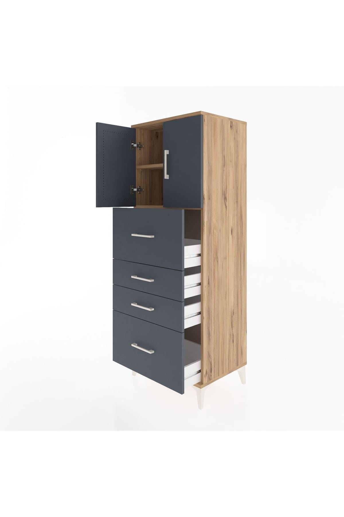 Hyperion Dolap 2 Raflı 4 Çekmeceli 2 Kapaklı 60x44x163 Çam-Antrasit