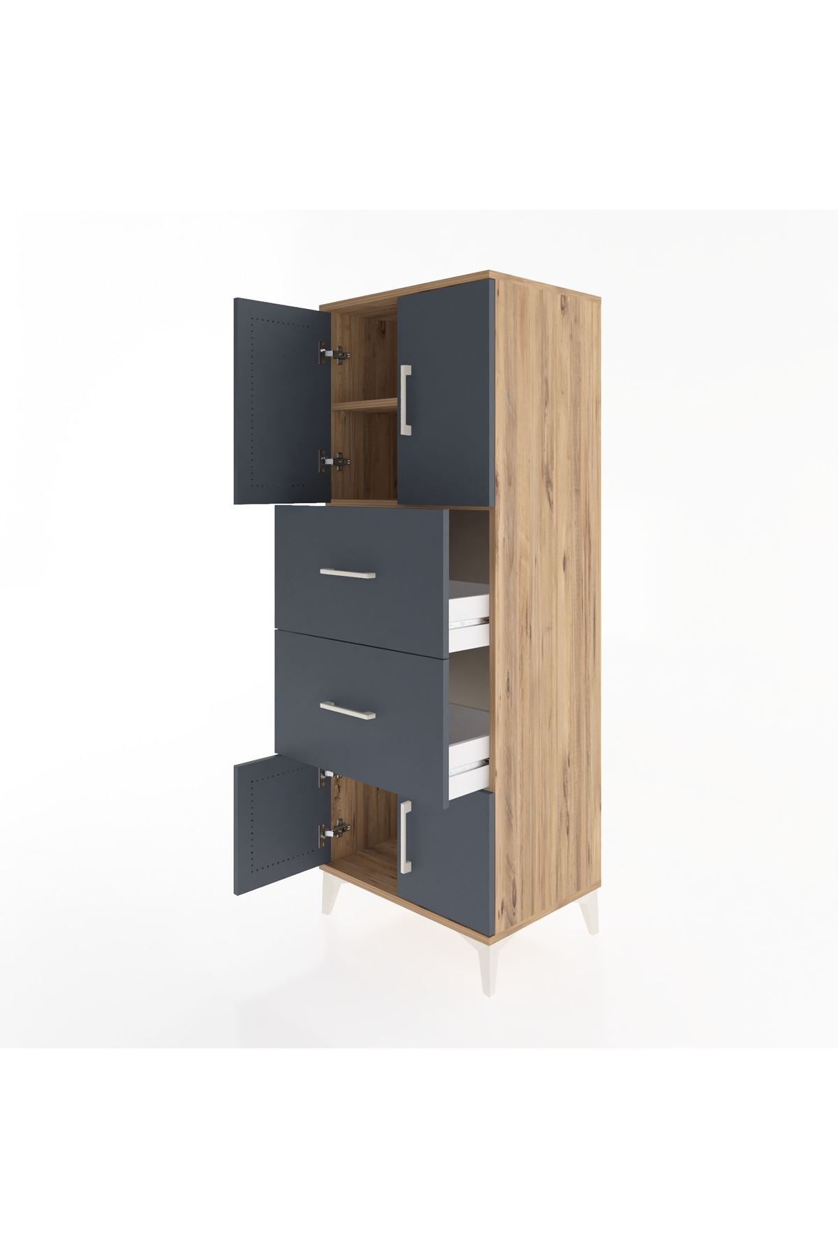 Hyperion Dolap 2 Raflı 2 Çekmeceli 4 Kapaklı 60x44x163 Çam-Antrasit